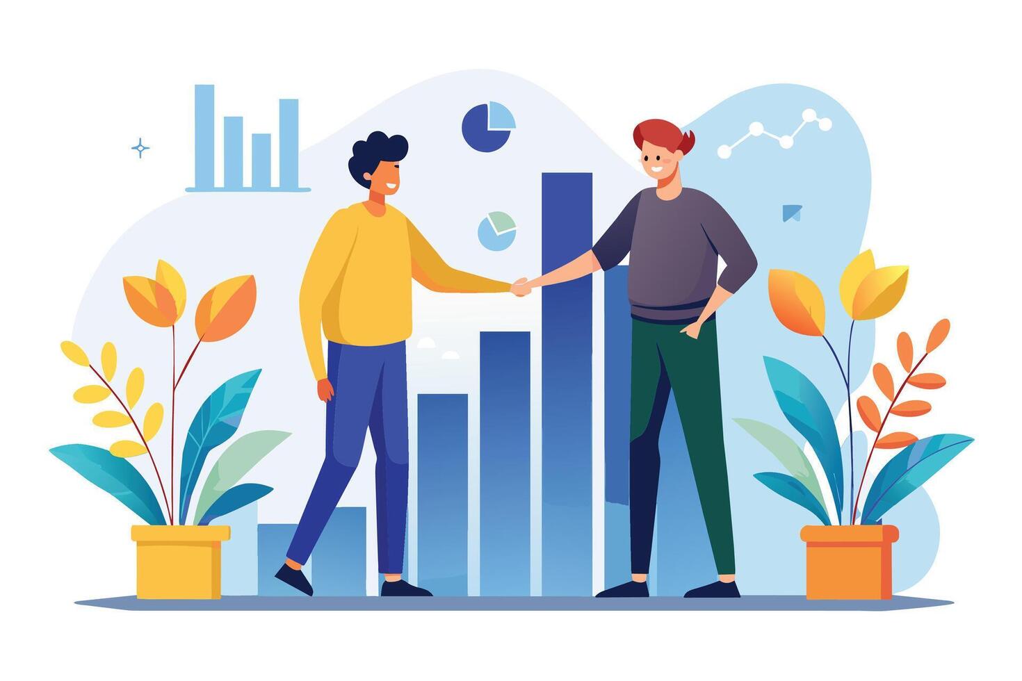 Two men shake hands in front of a bar chart, signifying a successful business partnership or agreement. vector