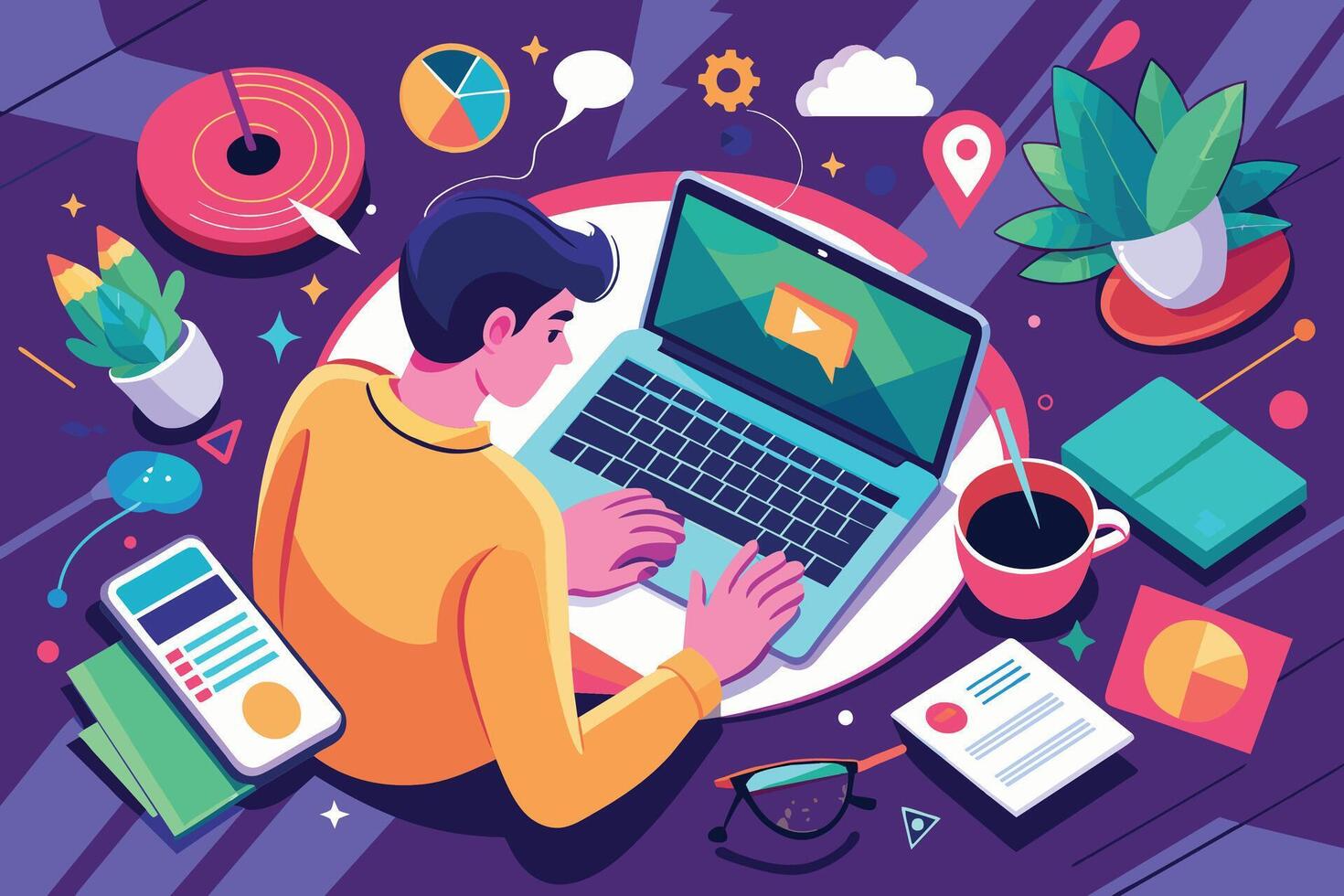 A young man sits at a desk, using a laptop and surrounded by plants and coffee, in a bright and colorful setting. vector