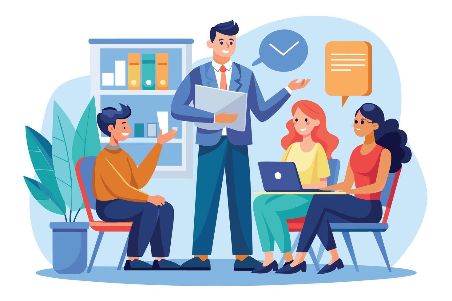 A businessman in a suit leads a team meeting with three other colleagues in an office setting. They are all sitting in chairs, with the businessman standing and presenting information. vector