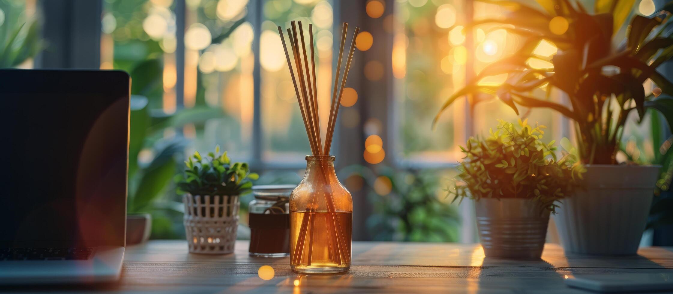 Reed Diffuser Scented Oil on Wooden Table With Plants and Laptop in Background photo