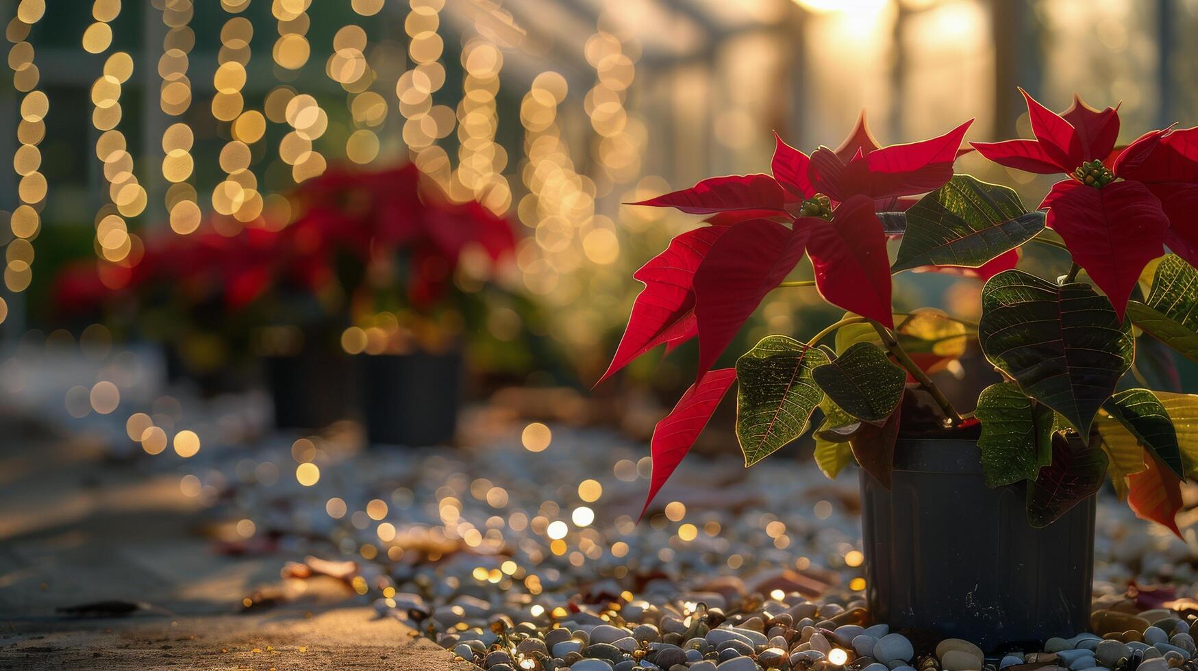 Festive Red Poinsettia Plants Decorated With String Lights in a Garden photo