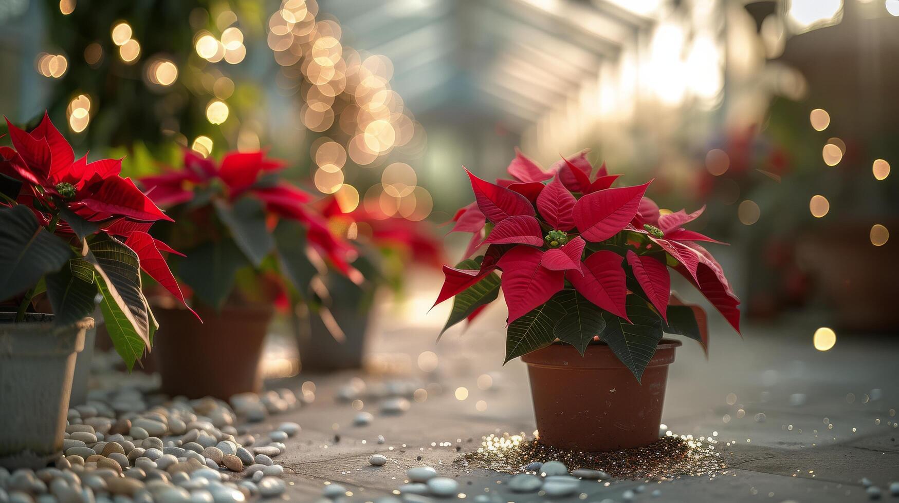 Festive Red Poinsettia Plants Decorated With String Lights in a Garden photo