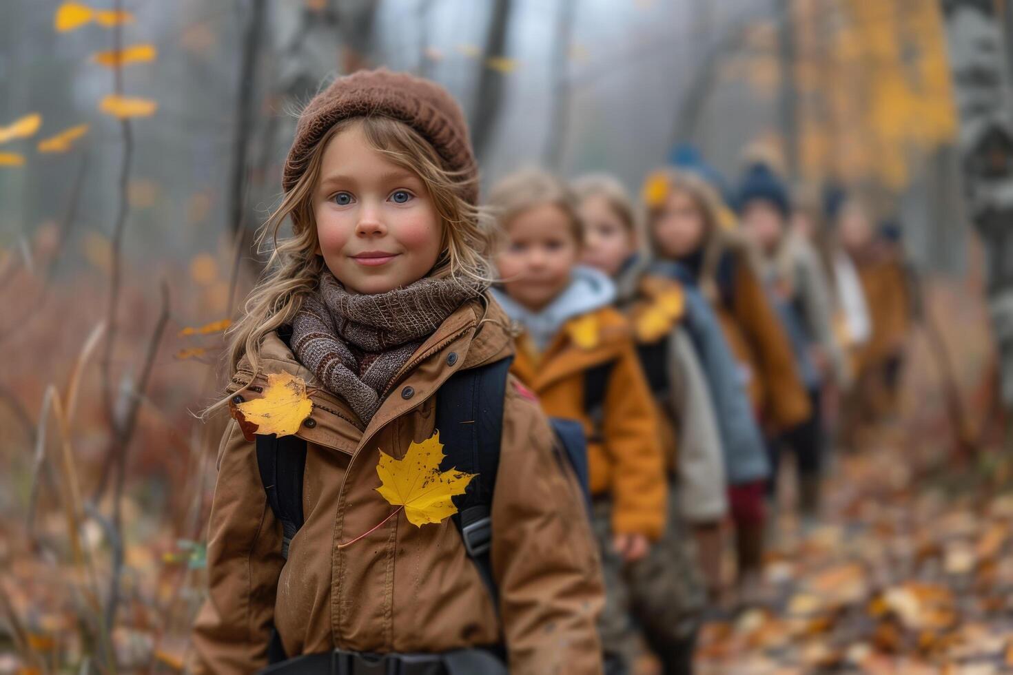 Children Exploring Autumn Leaves in a Forest photo