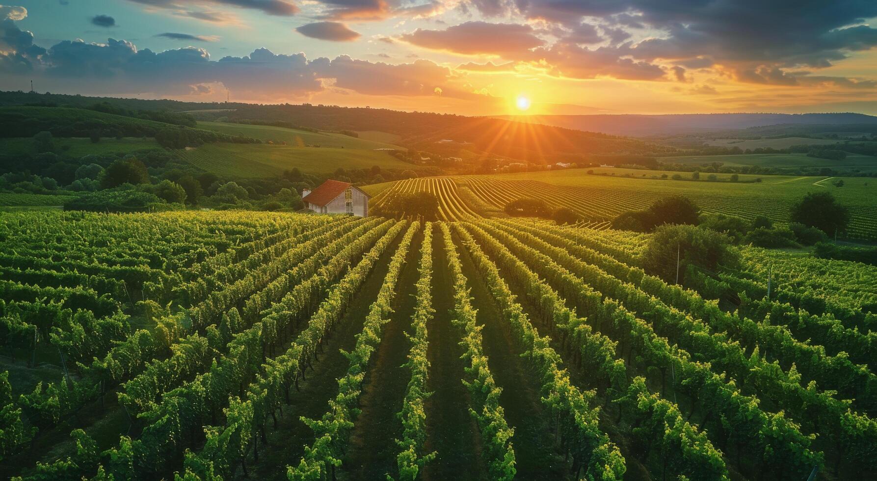 Green Vineyard Rows At Sunset In A Rural Landscape photo
