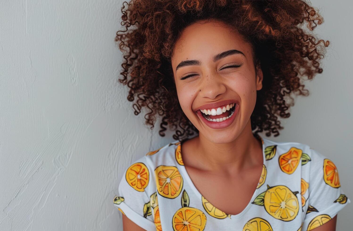 Woman With Curly Hair Smiles Against a Green Wall While Wearing a Lemon-Patterned Shirt photo