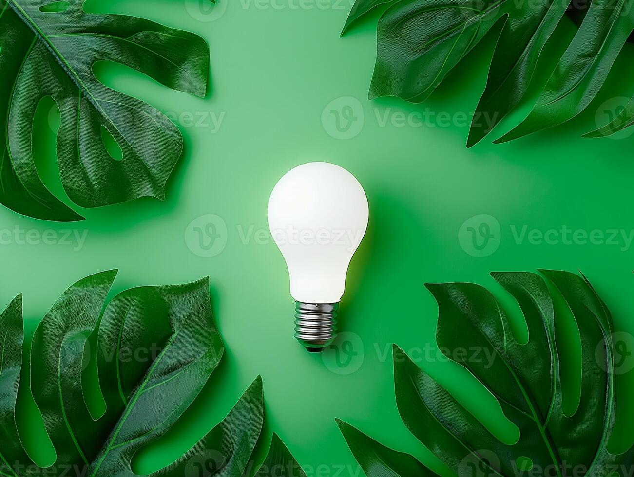 Wireless Light Bulb surrounded by Green Leaf as Sign of Light On on green background photo