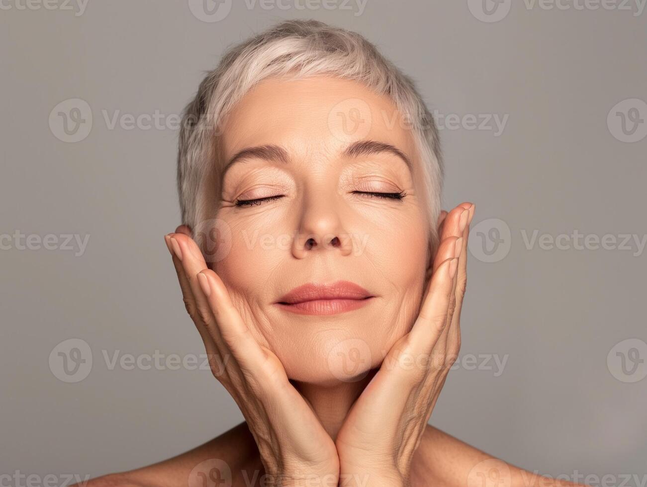 senior woman with perfect face skin, older woman with closed eyes touching her perfect skin. lift products salon care photo