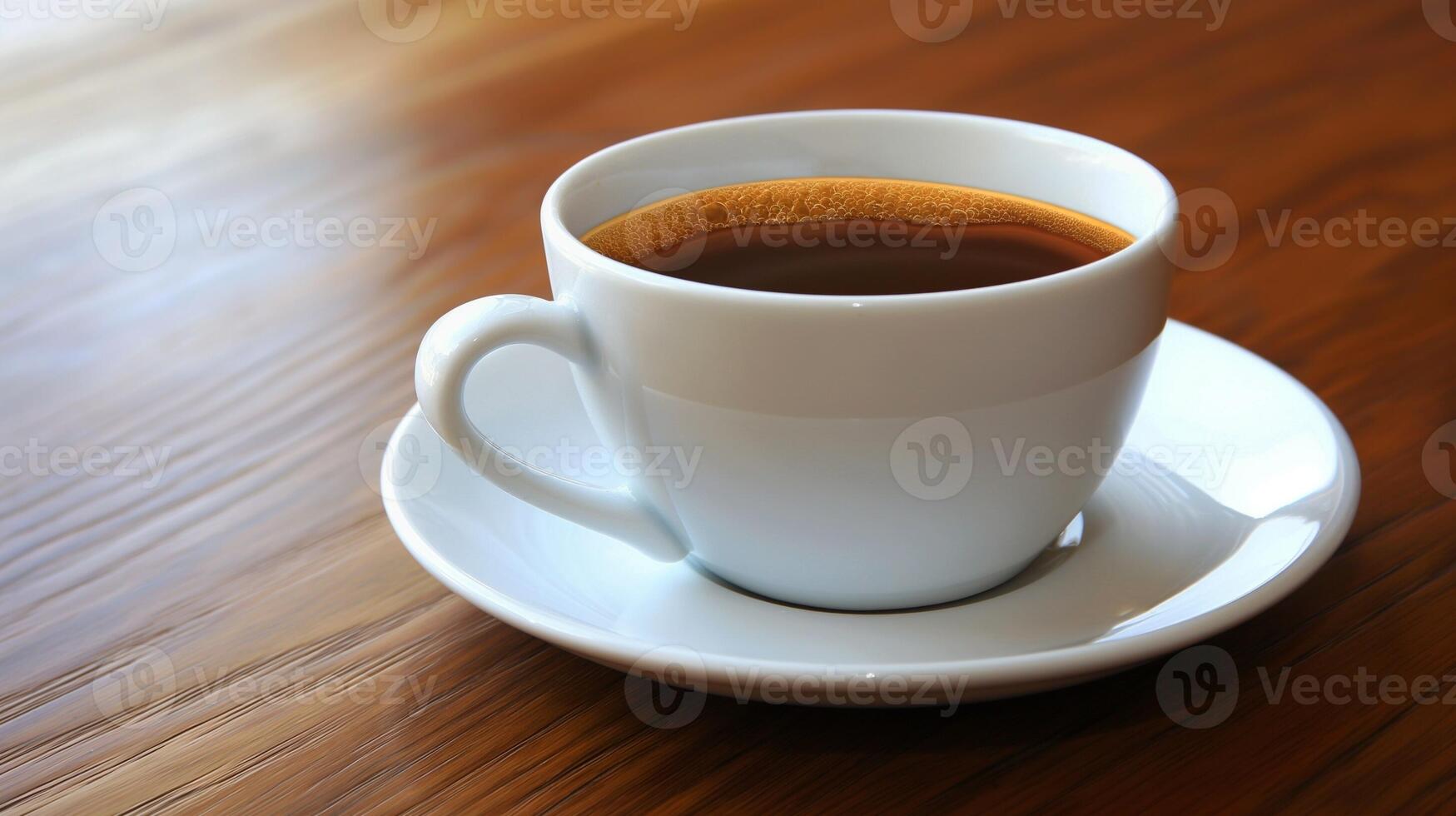 Coffee in white cup on wooden table in cafe photo