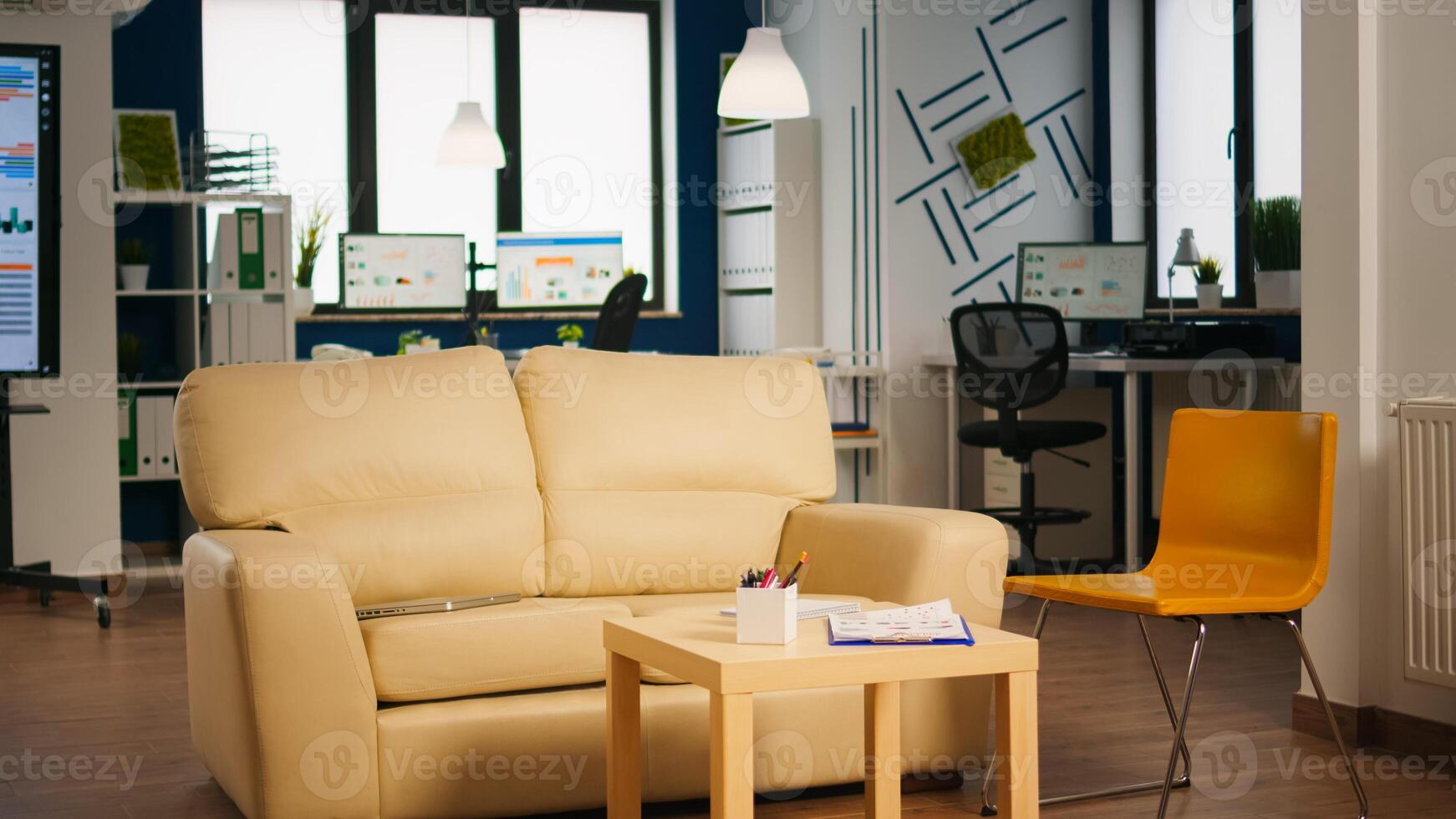 Empty start up business office with modern design and confortable couch. Financial company with nobody in it, place of work startup, workplace indoors concept photo