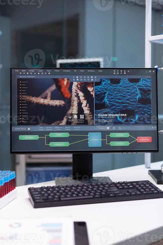 Computer with microbiology researcher developing on display standing on table in biochemistry pharmaceutic hospital laboratory. Medical scientific virus discovery experiment. Healthcare expertise photo