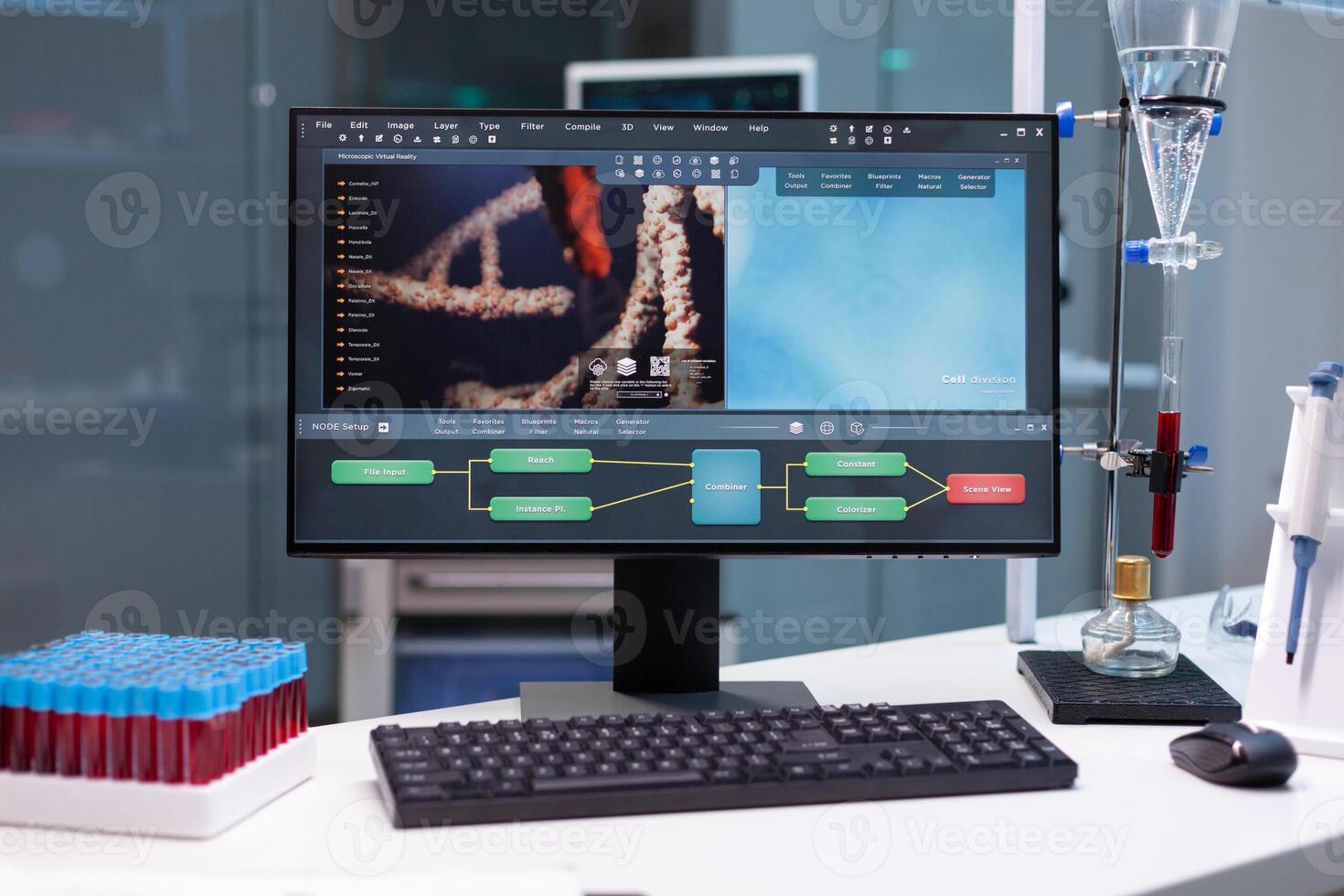 Computer standing on table with microbiology research on display during pharmaceutic biochemical experiment in biochemistry hospital laboratory. Biochemical researcher expertise photo