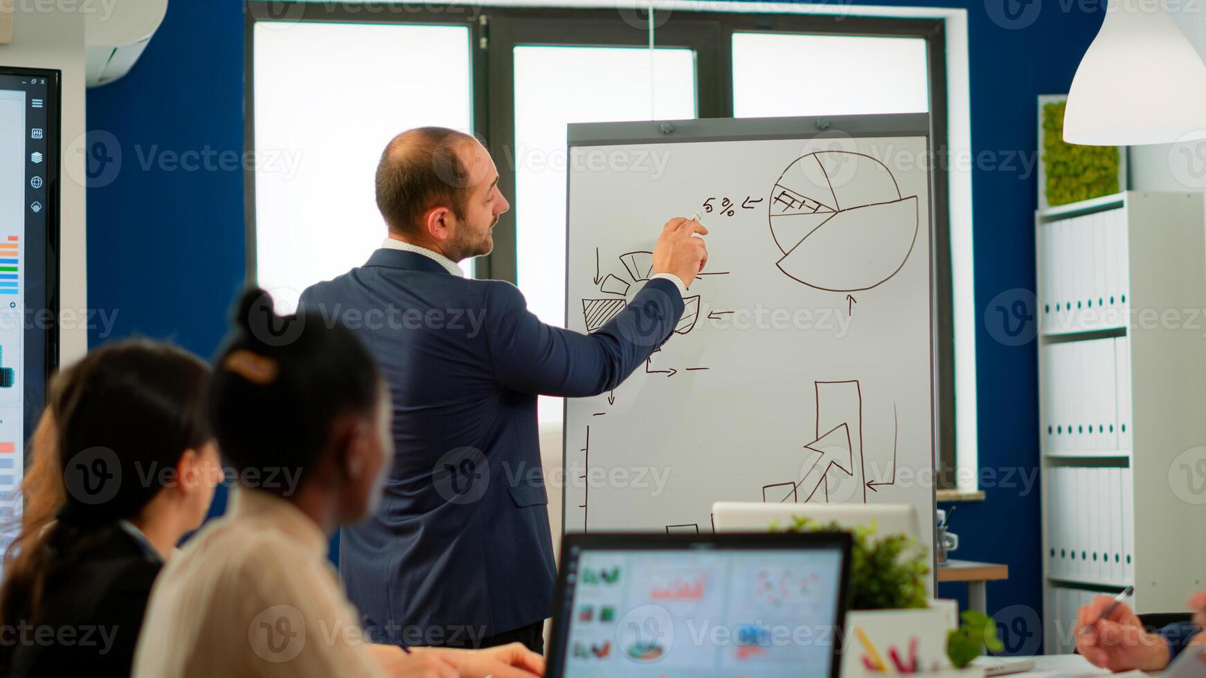Professional business coache company leader teacher offering flip chart presentation explaining graphs, consulting with clients, training diverse workers group at conference meeting office, boardroom photo