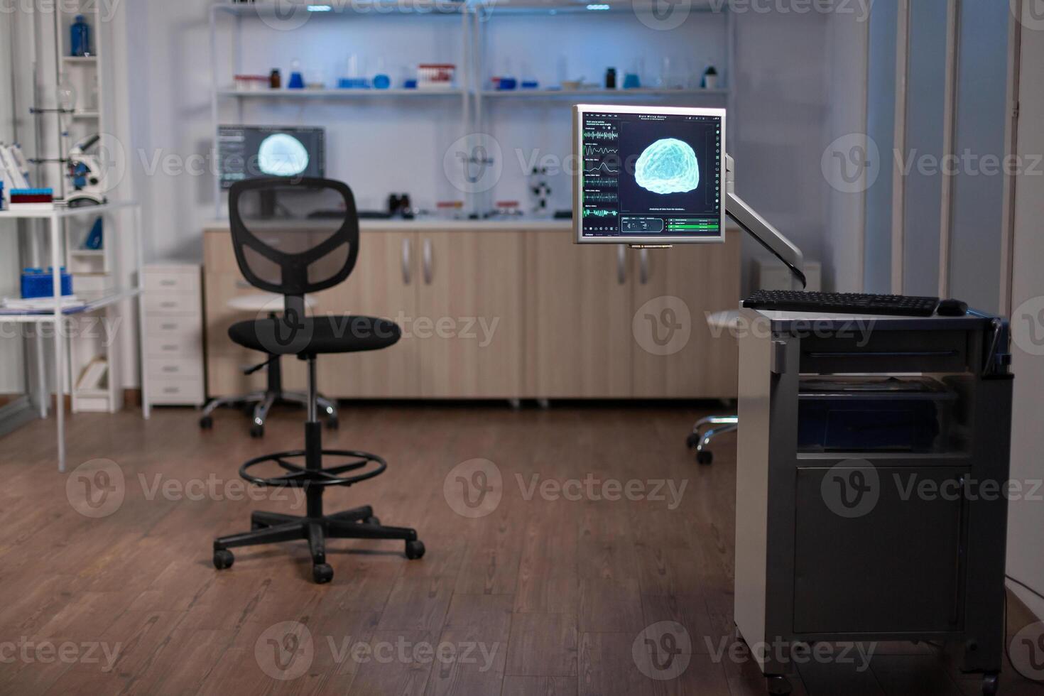 Empty laboratory modernly equipped with nobody in it, prepared for neurological innovation using high tech and microbiology tools for scientific research. Medical clinic for examining brain functions. photo