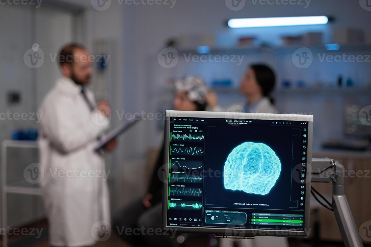 Neuroscience doctor holding clipboard showing treatment against brain disease to patient with eeg headset. Woman sitting in neurological scientific laboratory treating nervous system dysfunctions. photo