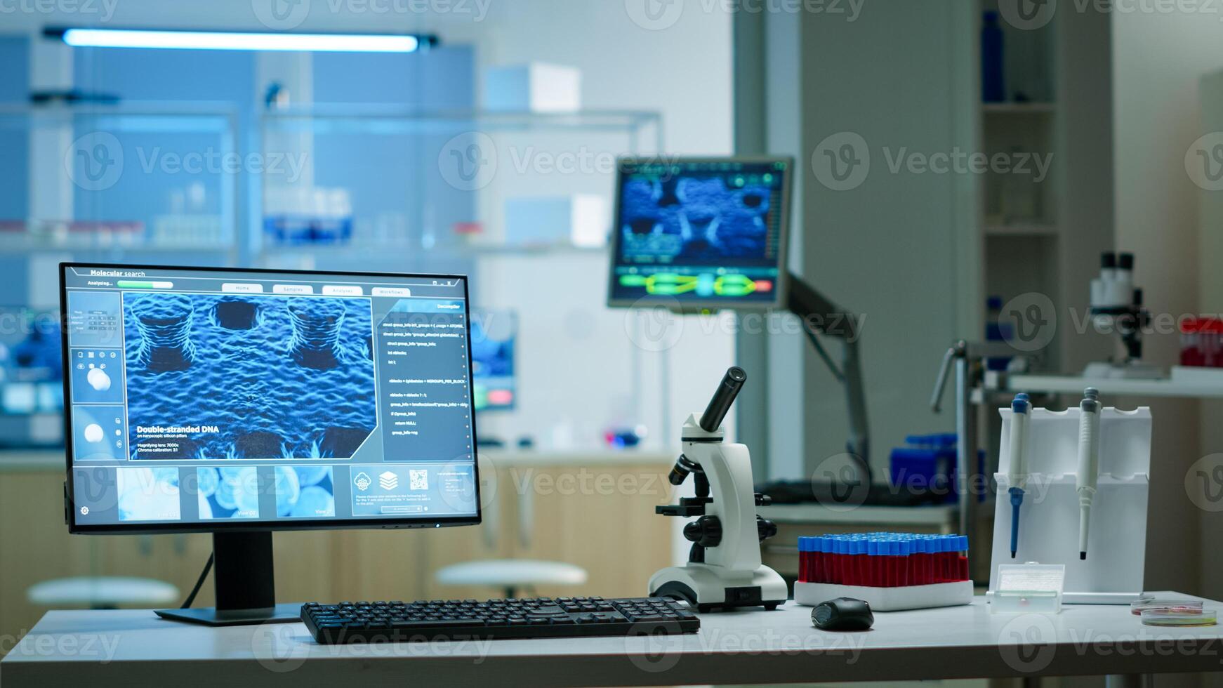 Interior of empty science laboratory with modern equipment prepared for pharmaceutical innovation using high tech, microbiology tools for scientific research. Vaccine development against covid19 virus photo