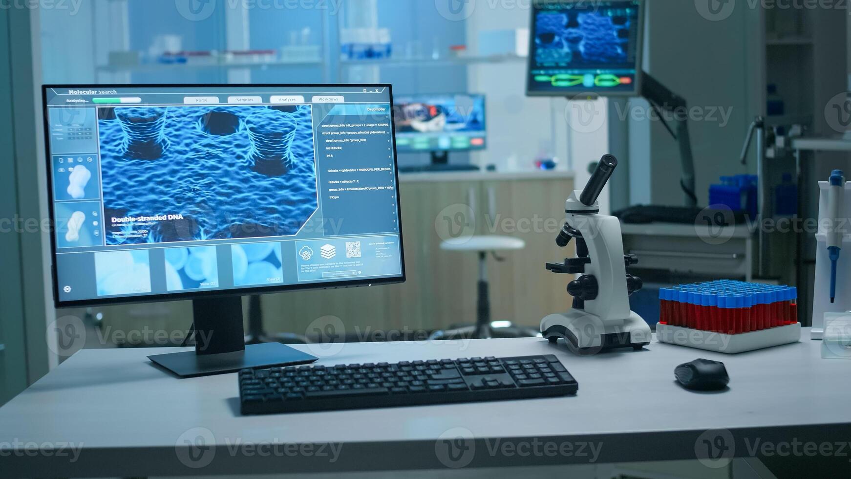Interior of modern science laboratory with no people prepared for pharmaceutical innovation late at night using high tech, microbiology tools for scientific research. Vaccine against covid19 virus photo