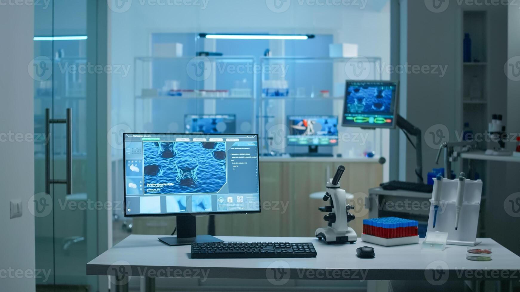 Interior of science laboratory with no people, prepared for pharmaceutical innovation using high tech, microbiology tools for scientific research. Vaccine development against covid19 virus. photo