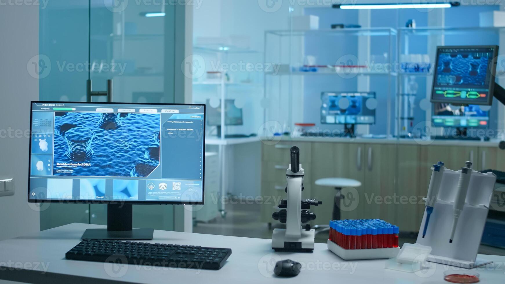 Interior of modern scientist modern biological lab with empty background prepared for vaccine development against covid19 virus using high tech, microbiology tools for scientific research. photo