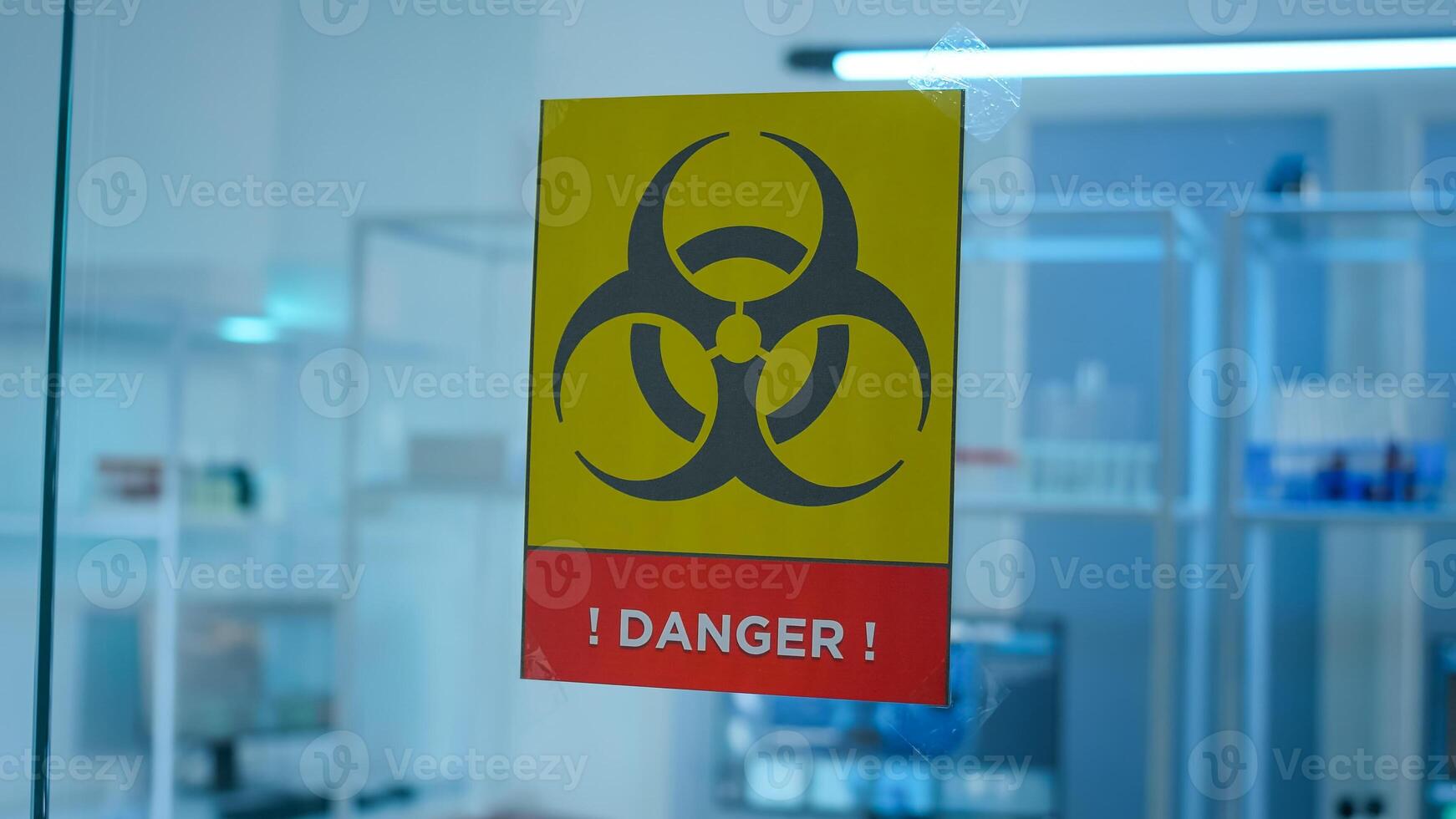 Empty laboratory danger area with nobody in it, prepared for pharmaceutical innovation using high tech and microbiology tools for scientific research. Vaccine development against covid19 virus. photo