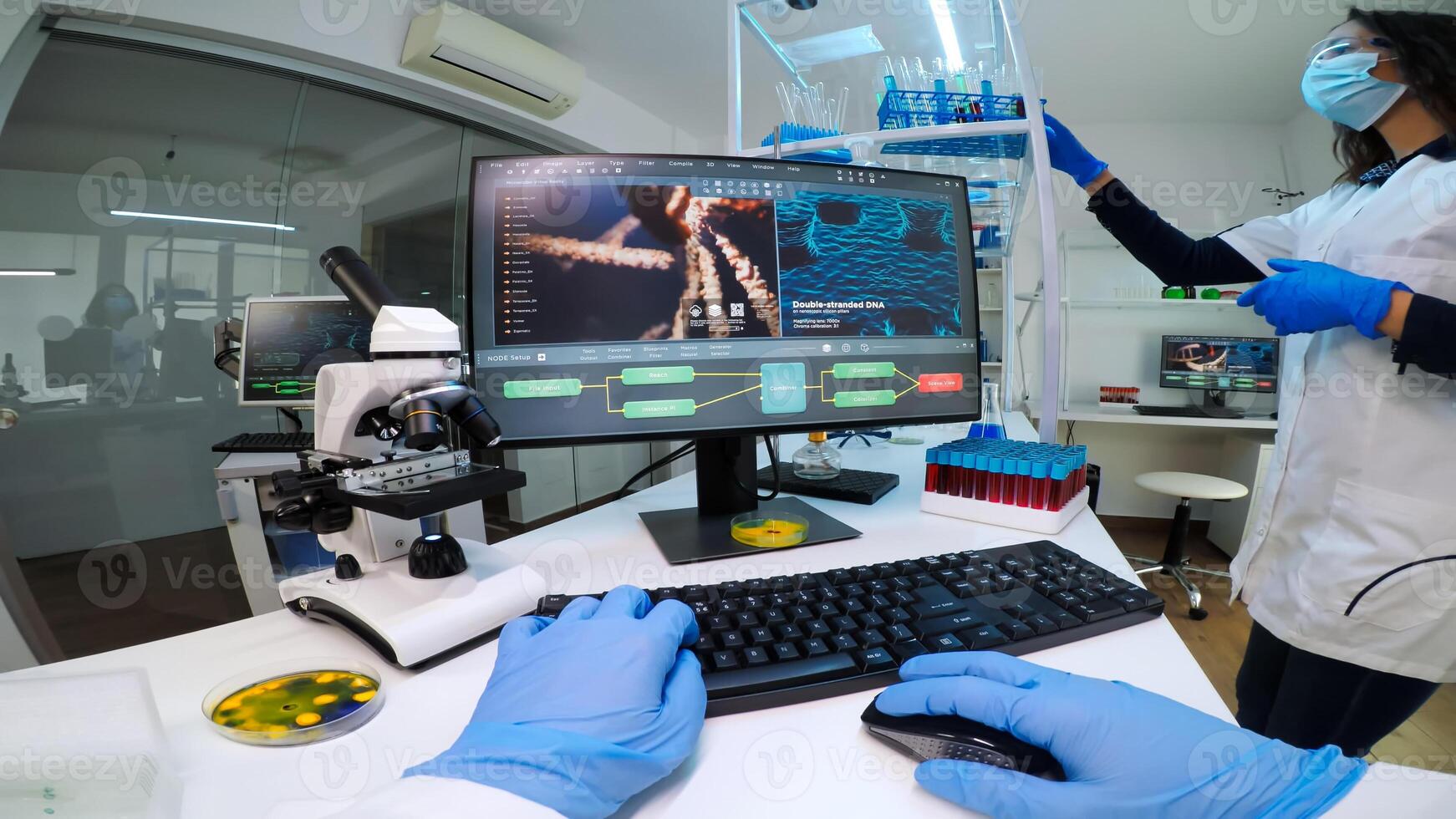 POV of man biologist checking DNA information typing on pc in modern equipped laboratory. Scientists examining vaccine evolution in medical lab using high tech, chemistry tools for scientific research photo