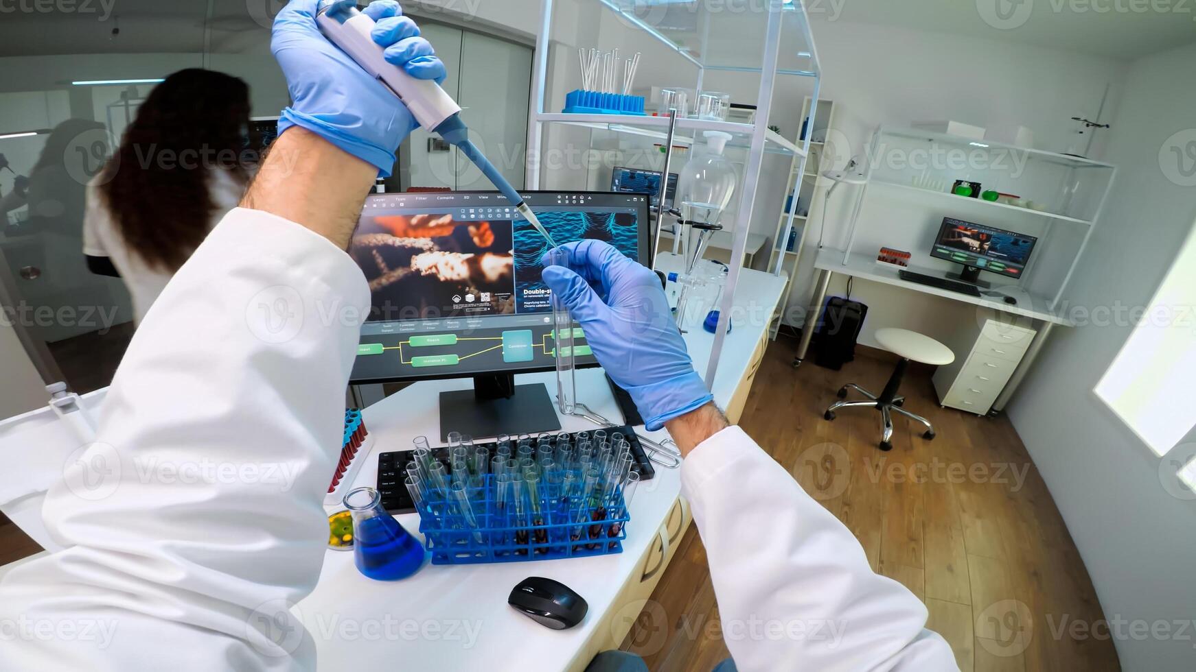POV of scientist using micropipette in lab to extract blue liquide from test tubes analysing chemical reaction. Doctor examining virus evolution using high tech and chemistry tools for research photo