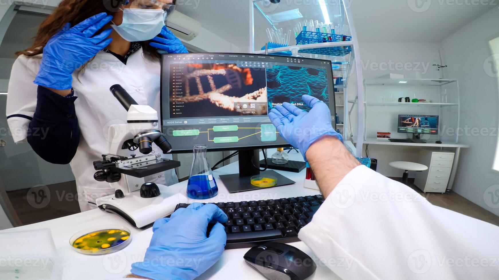 POV of scientists team worried about virus evolution discussing in modern equipped laboratory. Medical stuff examining vaccine development using high tech researching treatment against covid19 virus photo