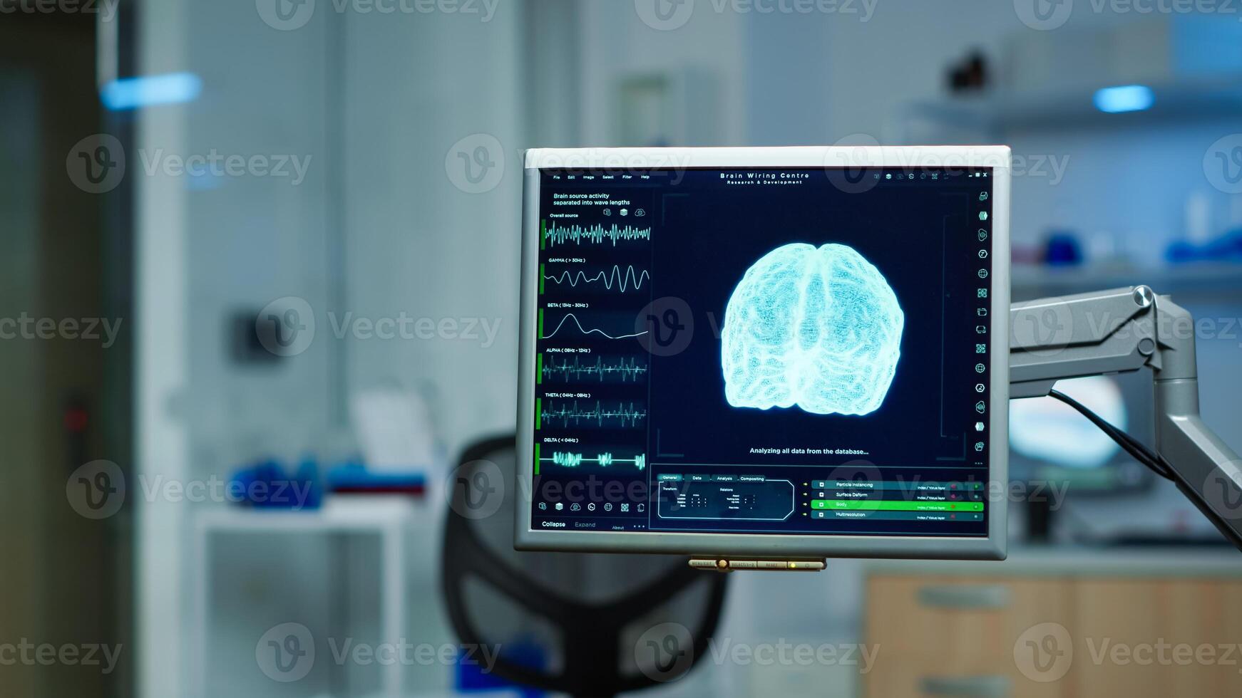 Interior of empty science laboratory with modern equipment prepared for treatment innovation of nervous. System using high tech and microbiology tools for scientific research in neurological lab photo