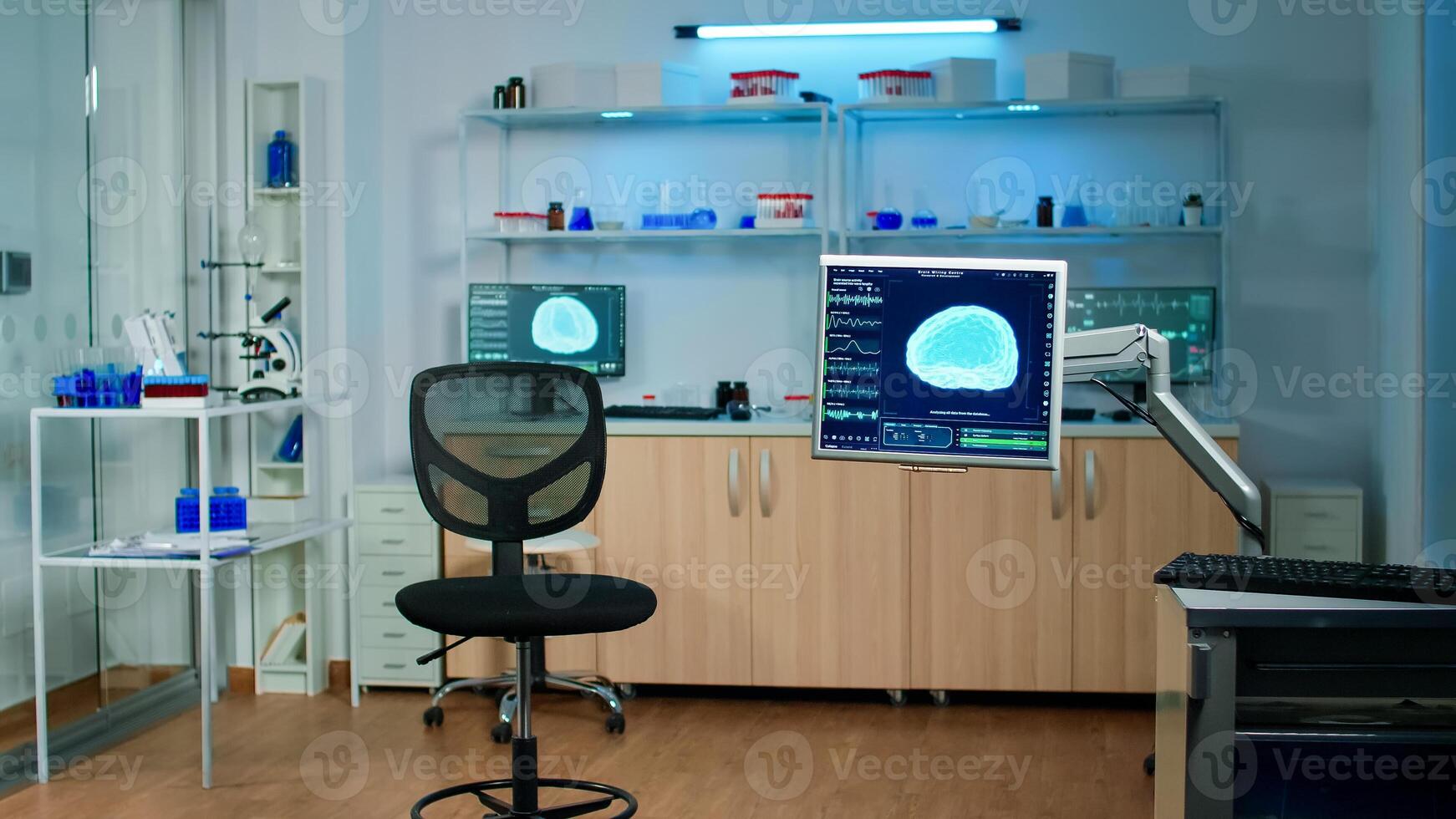 Empty laboratory modernly equipped with nobody in it, prepared for neurological innovation using high tech and microbiology tools for scientific research. Medical clinic for examining brain functions photo