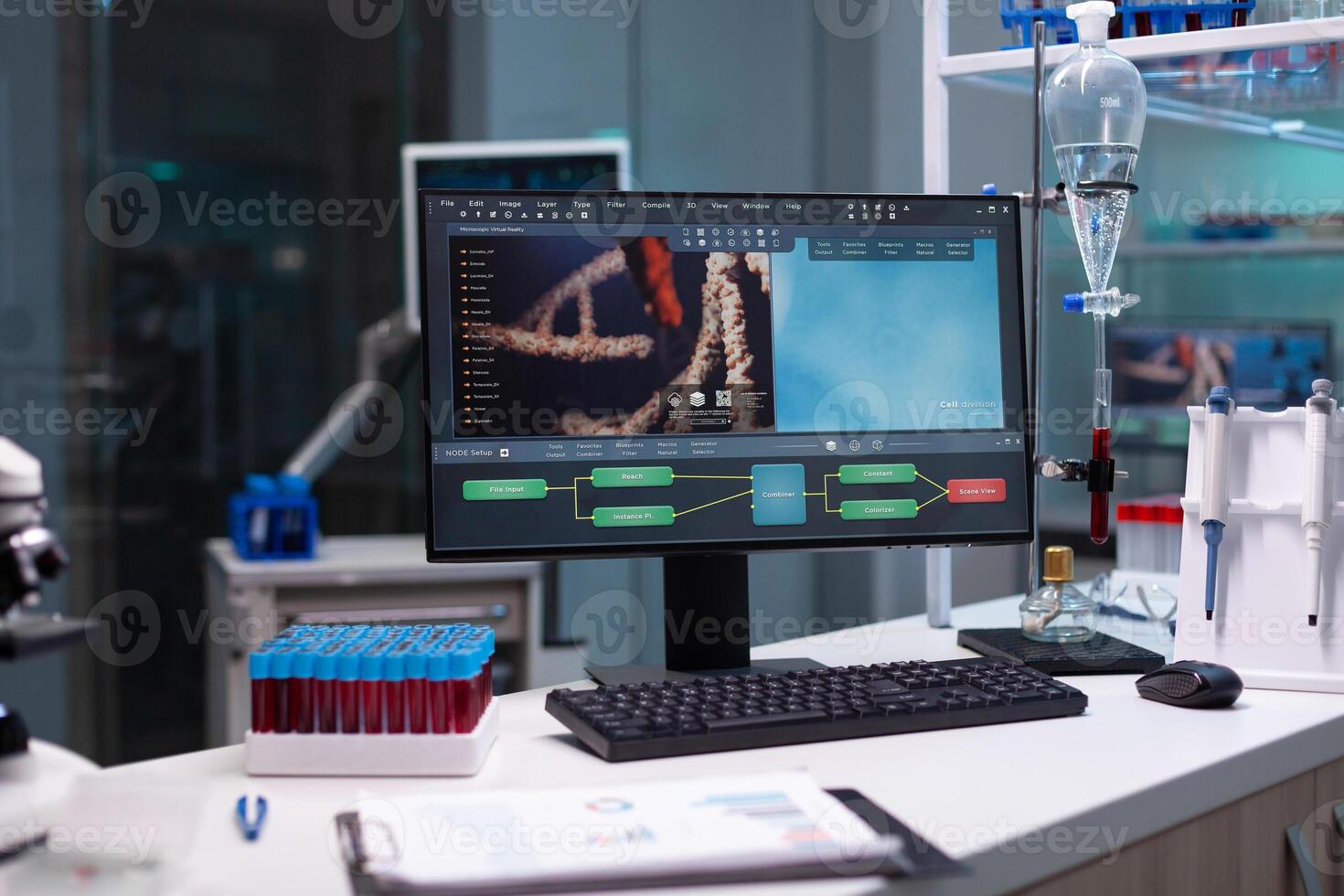 Nobody in scientific laboratory with research equipment at clinic. Empty microbiology cabinet for medical development designed with modern technology and blood vacutainers on desk photo