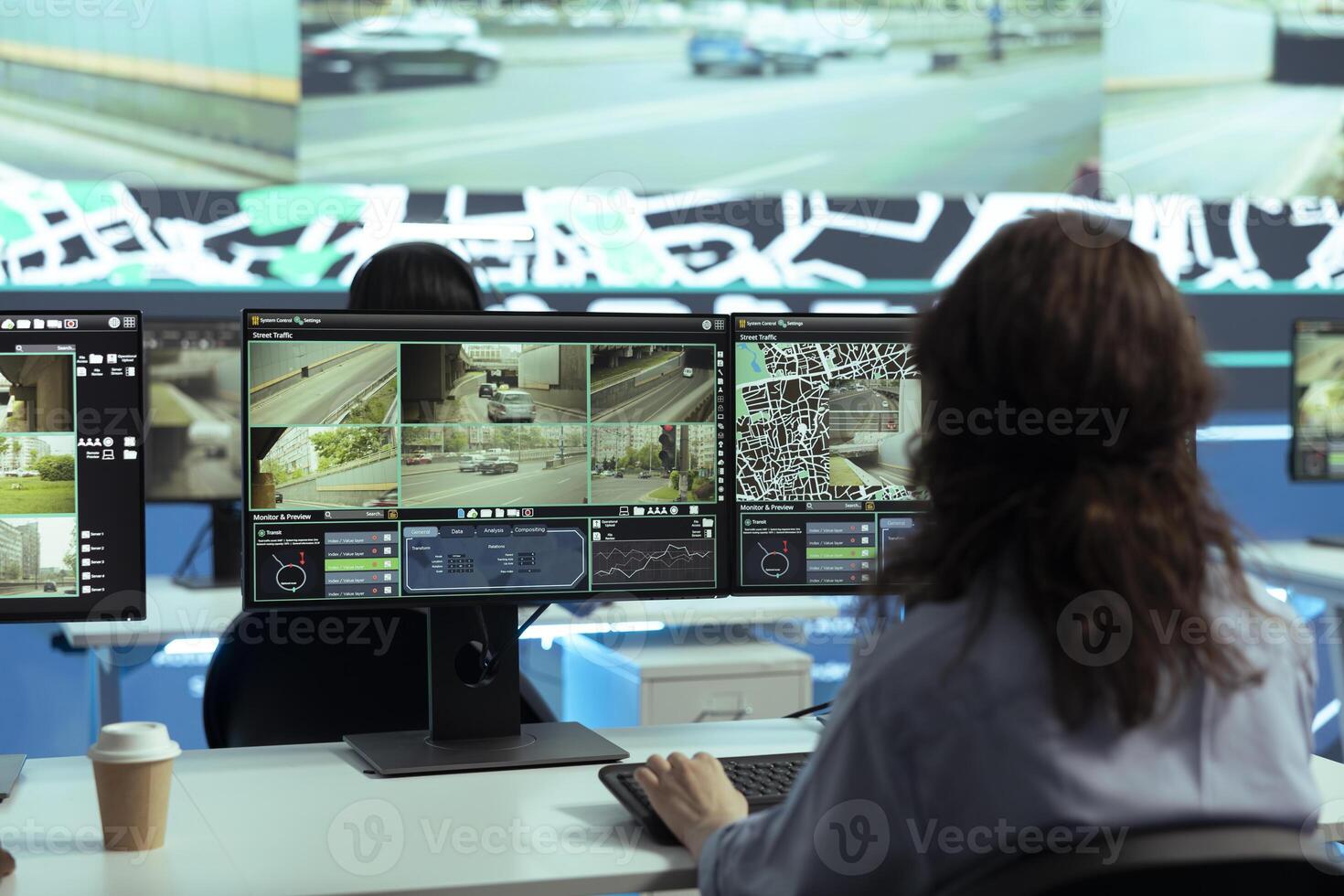 Call center employee providing shipment information via gps satellite navigation for their clients, ensuring fast delivery and order tracking service. Operator monitoring traffic for the couriers. photo