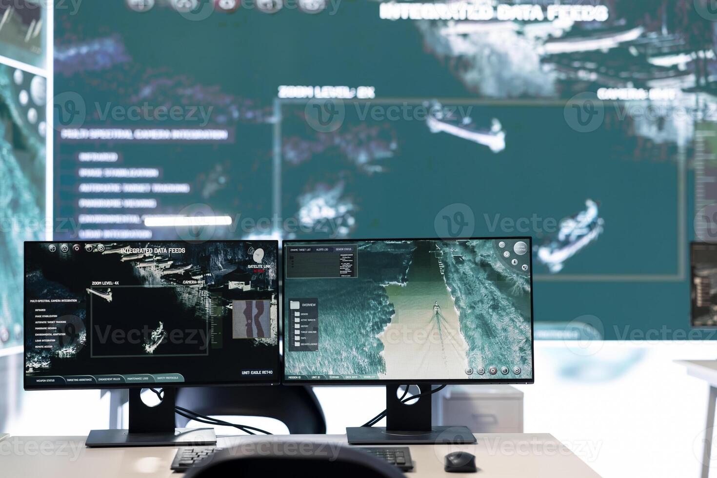 Government agency general headquarters empty command post with big screen monitoring satellite radar footage for threat oversight. Federal army power base with high tech to accomplish missions. photo