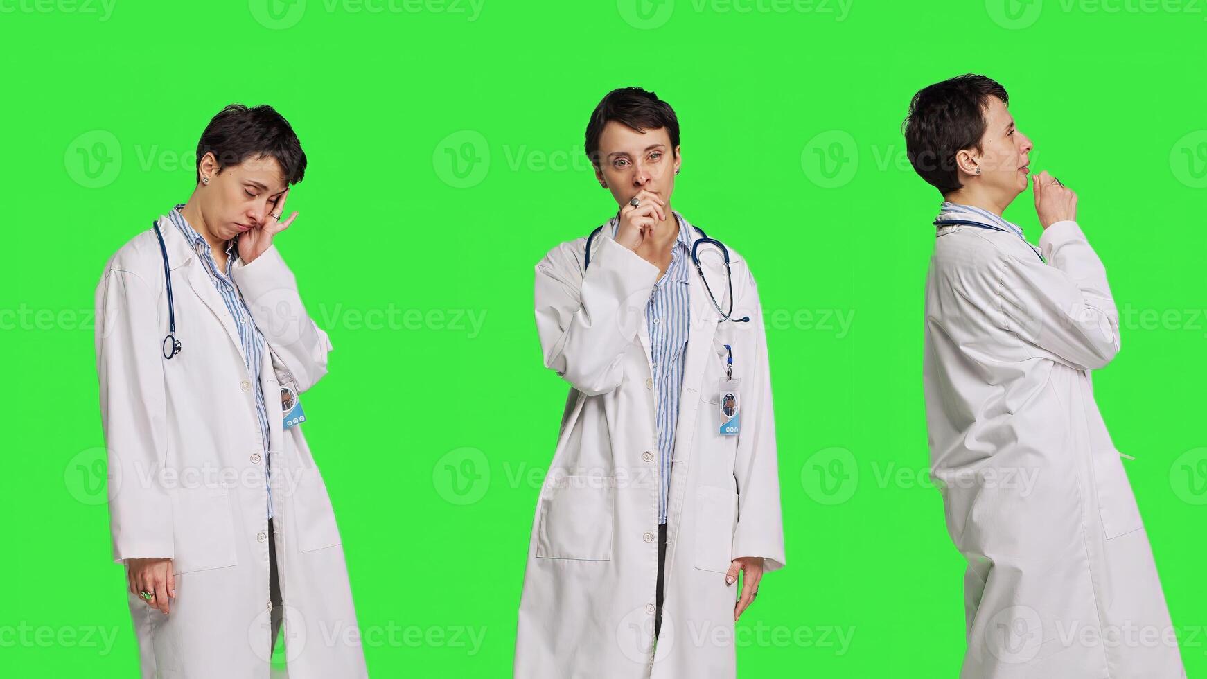 Tired general practitioner yawning and feeling overworked after night shift at hospital, exhaustion and work pressure. Medic being tired and experiencing burnout against greenscreen. Camera B. photo