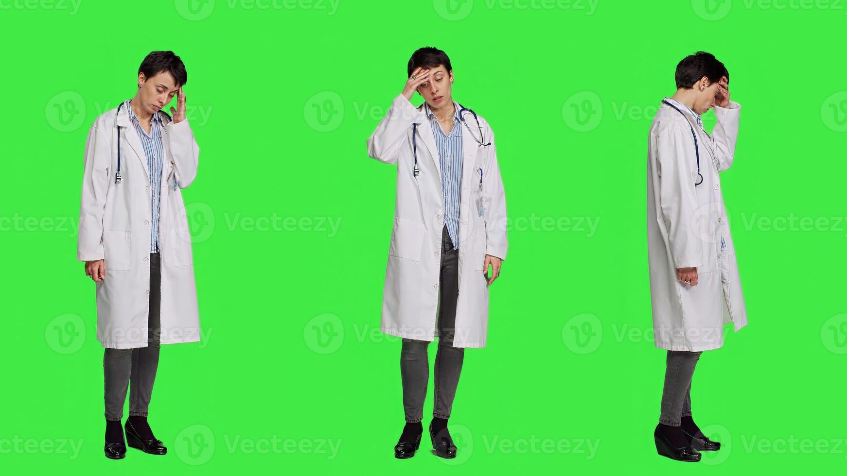 Unhappy medic dealing with a painful migraine against greenscreen backdrop, working in healthcare industry under pressure. Woman physician suffering from a headache, overworked. Camera A. photo