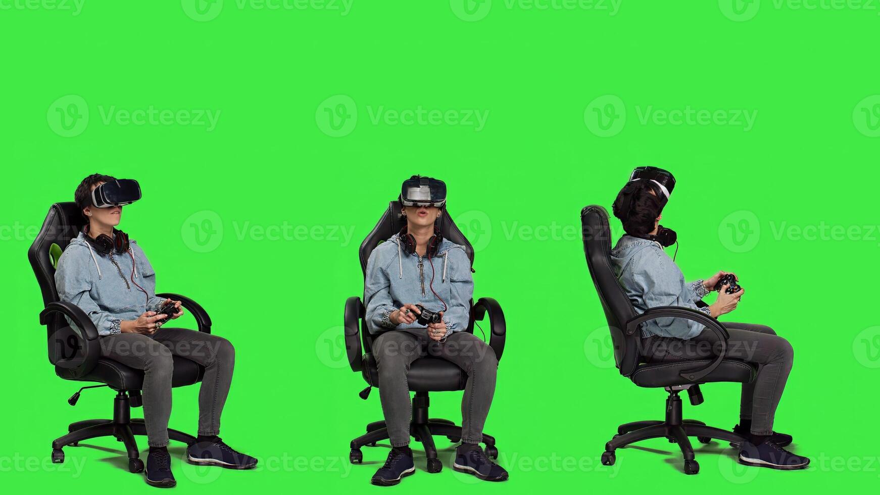 Woman celebrating her championship win with vr headset and controller, playing games cyber space tournament against greenscreen backdrop. Gamer feeling cheerful about victory. Camera A. photo