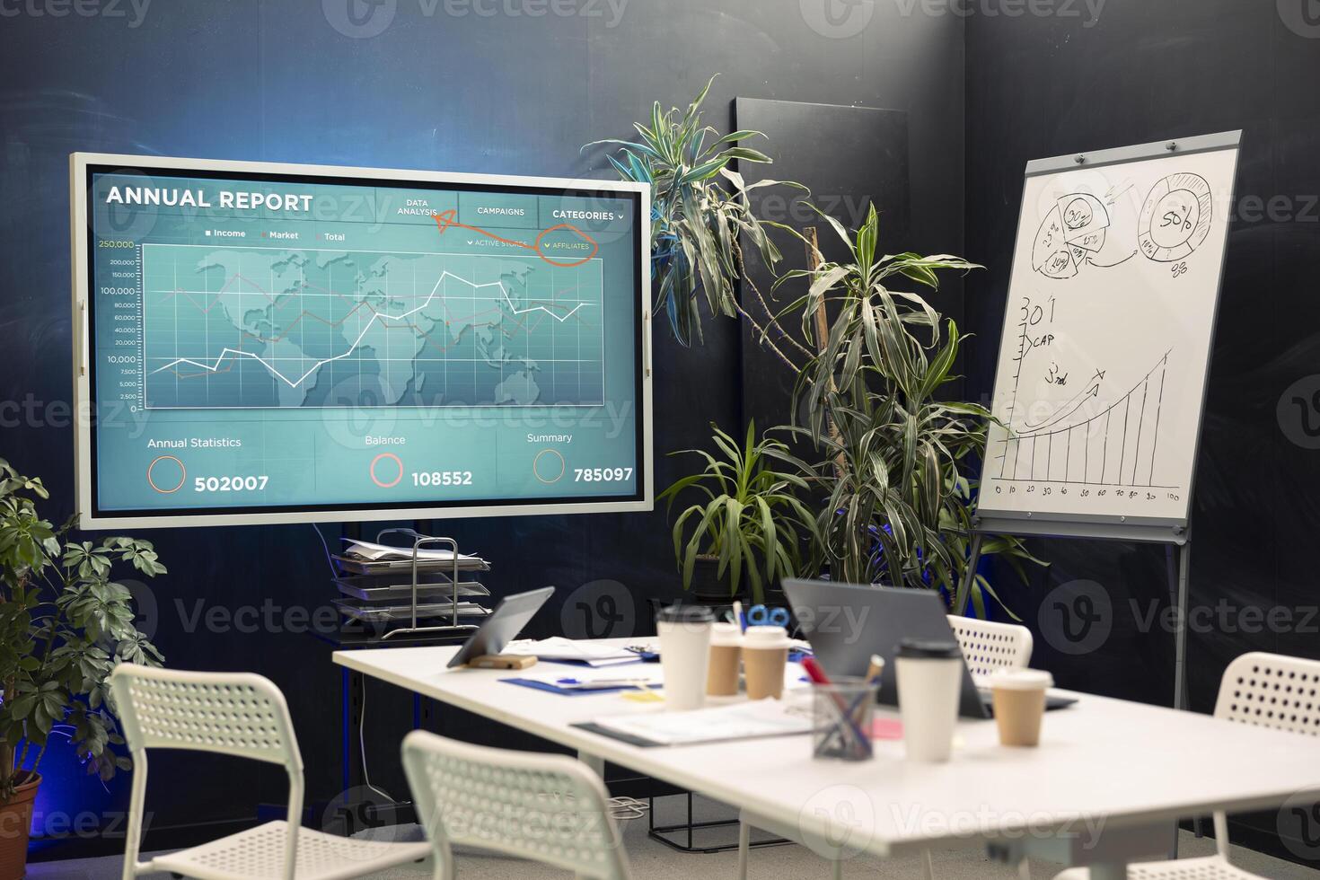 Empty boardroom office space used for corporations meetings, equipped with an interactive board. Conference room used for debates and project planning, modern enterprise. photo