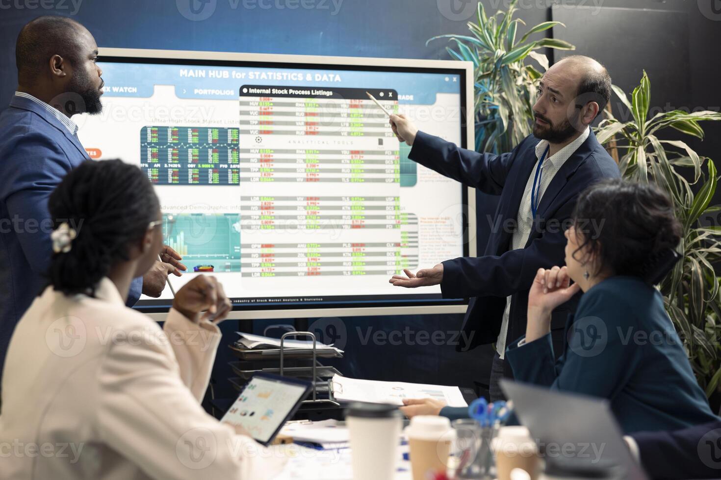 Firm workers exchanging project insight and crucial information about achieving company goals, establishing budget and material resources. Executive team sharing details and updates in a meeting. photo