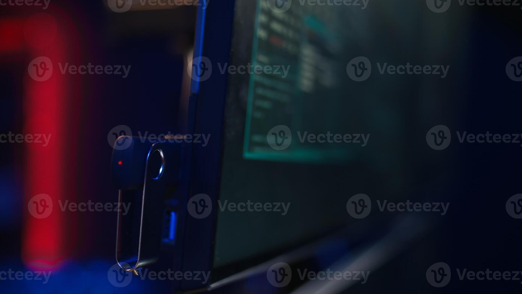 Hacker inserting USB in computer after managing to steal sensitive data, close up. Scammer uploading storage drive into PC after obtaining sensitive information from users using malware, camera B photo