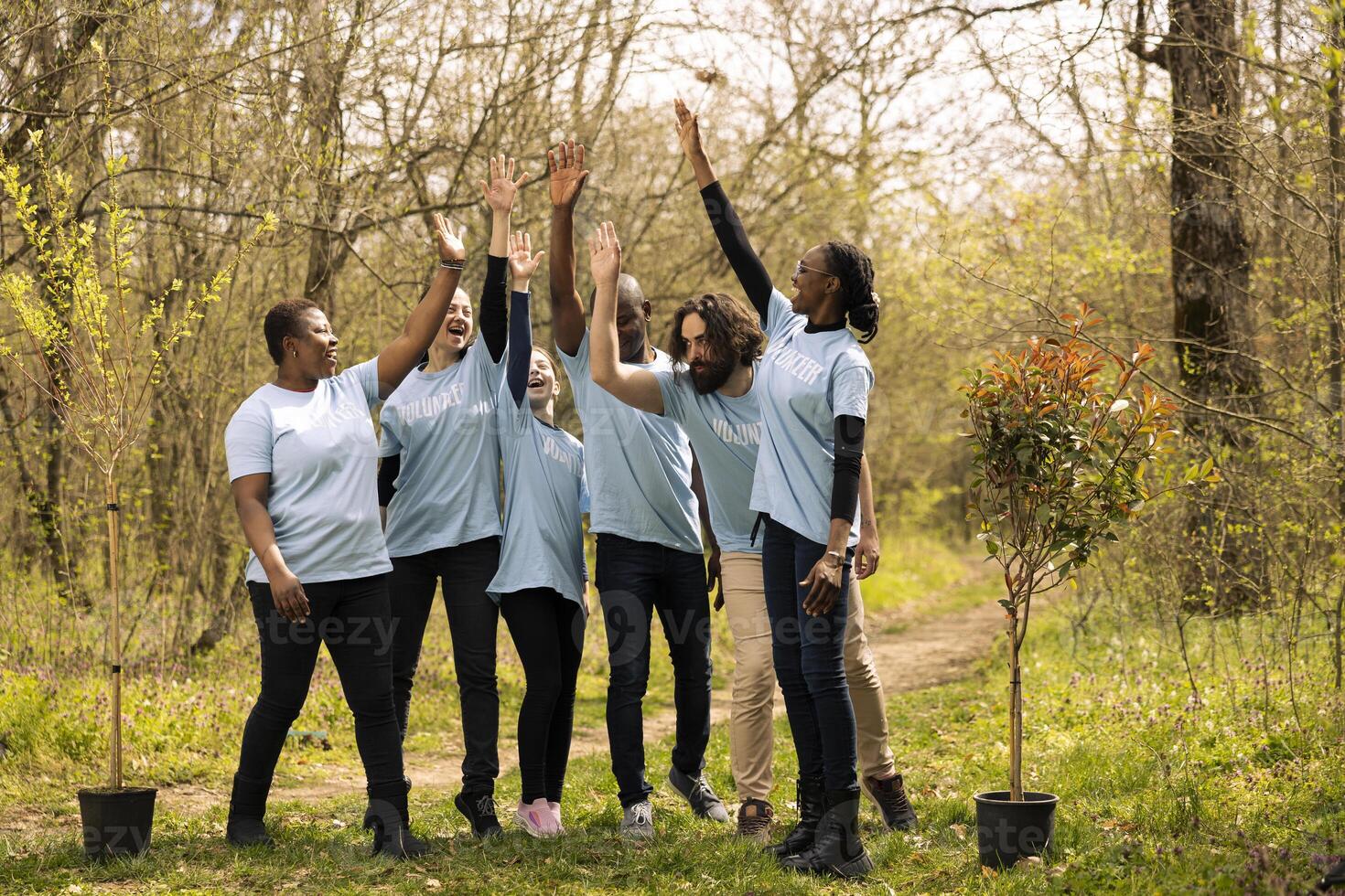 Happy optimistic group of volunteers unites to restore the forest, celebrating their voluntary efforts by locking hands. Satisfied activists gathering to plant trees, sense of devotion. photo