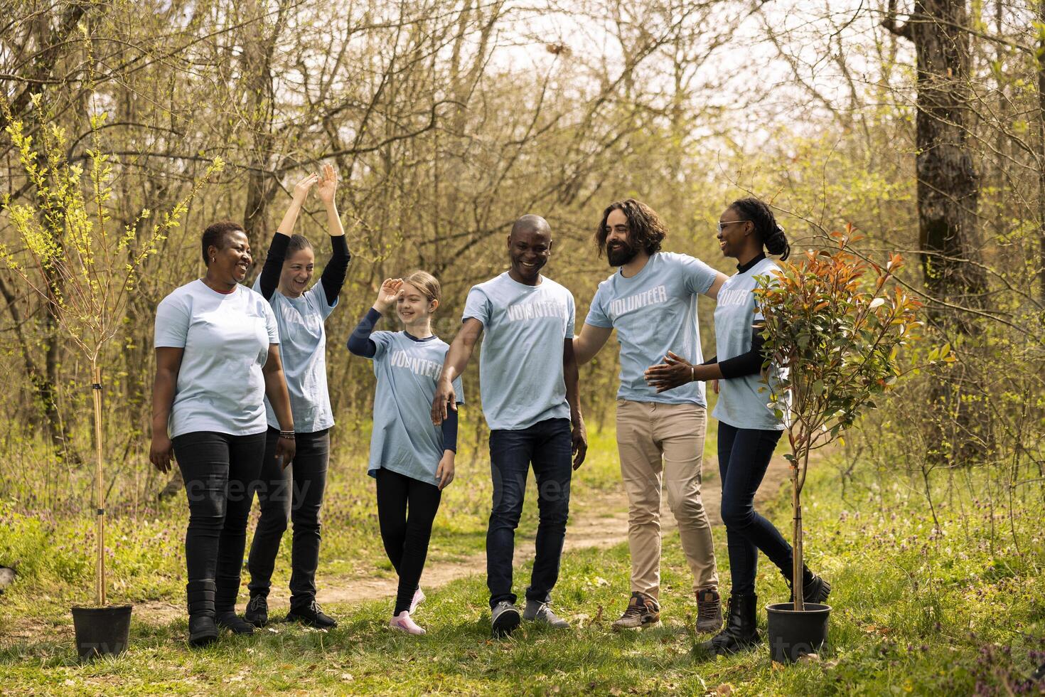 Pleased joyful squad of activists join forces to rebuild the woods, rejoice by touching hands. Delighted individuals assemble to plant seedlings, feeling dedicated to ecological justice. photo