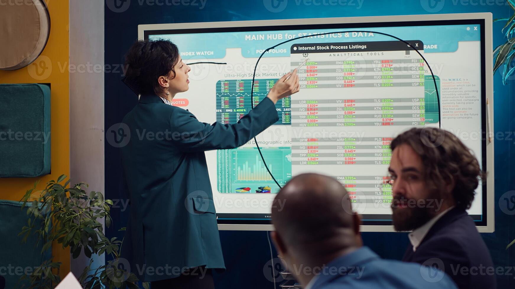 Team of business colleagues reviewing statistics and sales data on interactive board, working together on supply chain management strategies. Startup coworkers discuss industry changes. Camera A. photo