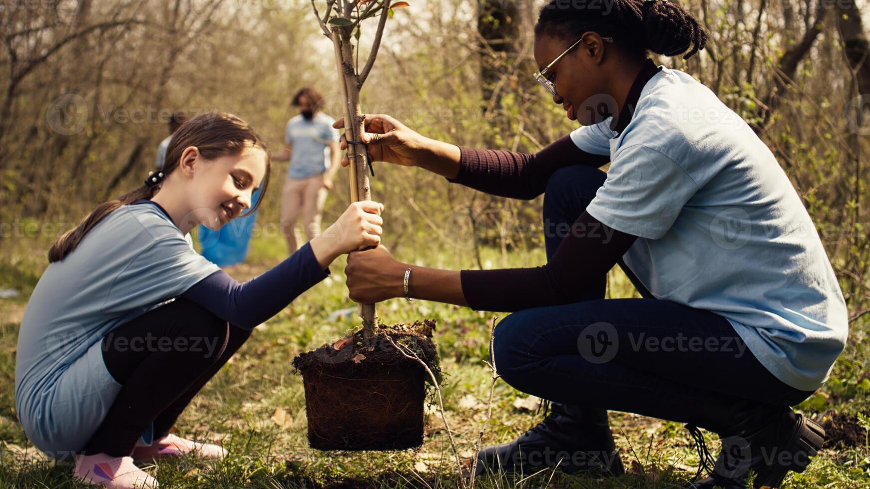 Two diverse girls do voluntary work by planting small trees in the forest, preserving natural habitat. Participating in environmental conservation and protecting the earth ecosystem. Camera B. photo