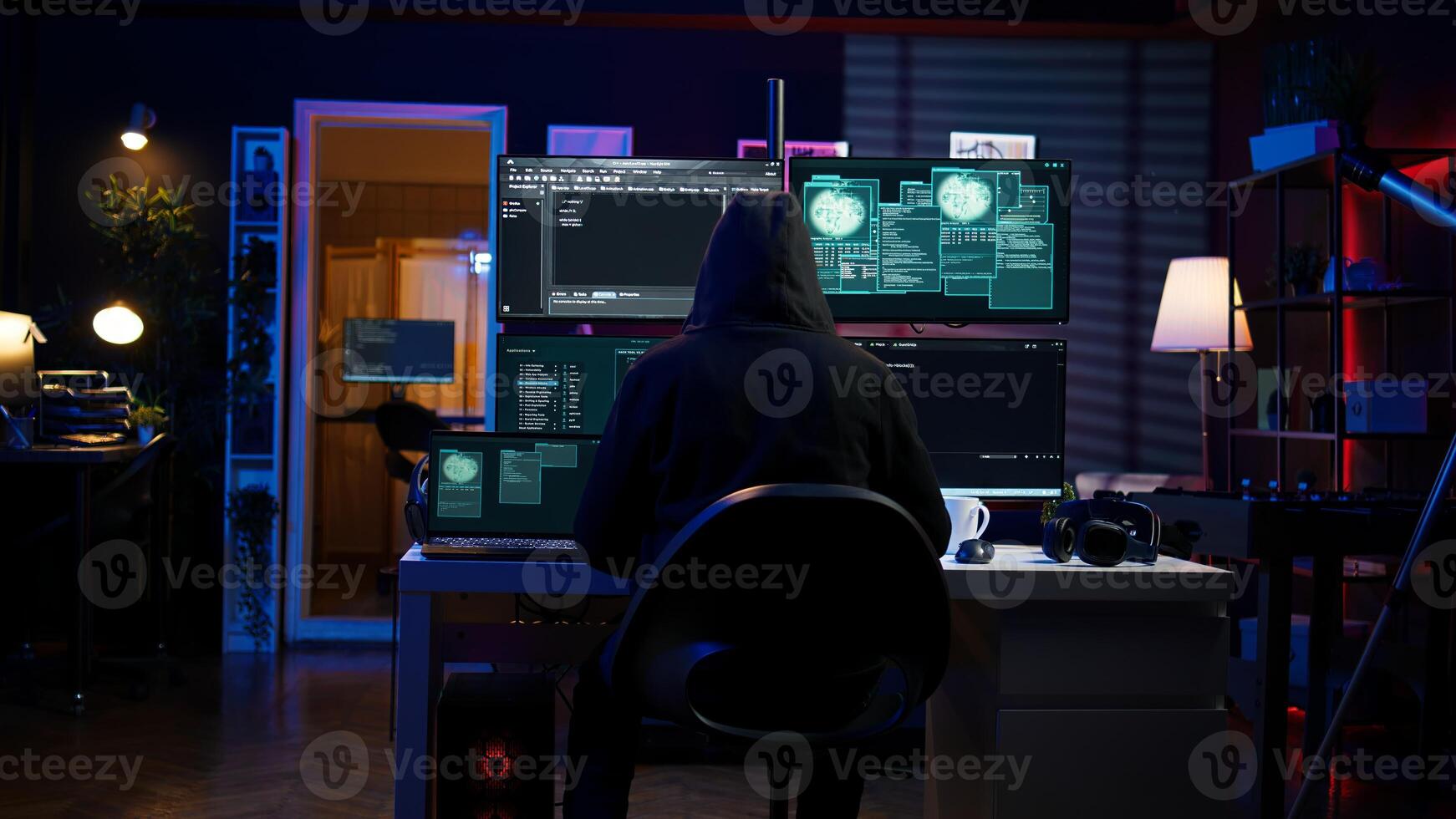 Hacker arriving in secret base with laptop, ready to start programming viruses. Scammer in criminal den opening notebook to exploit network servers and bypass security measures, camera B photo
