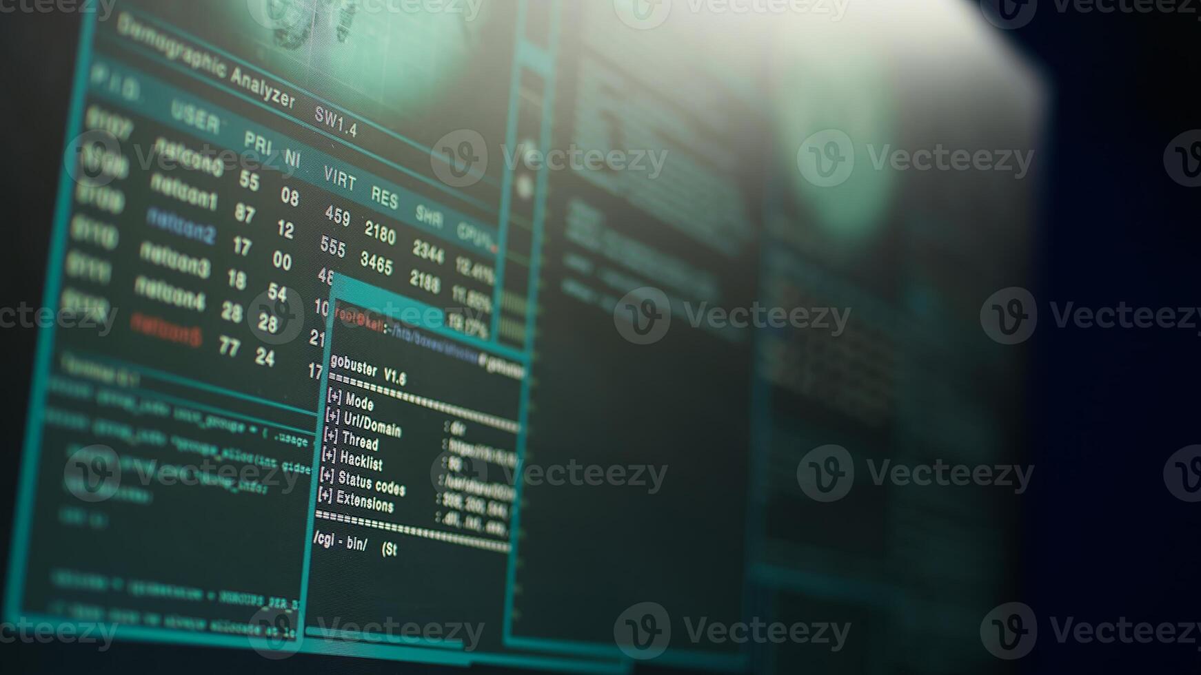 Close up shot of dangerous hacking code running on high tech computer system monitors. Programming scripts shown on PC displays in empty criminal hideout used by hackers to commit illegal activities photo