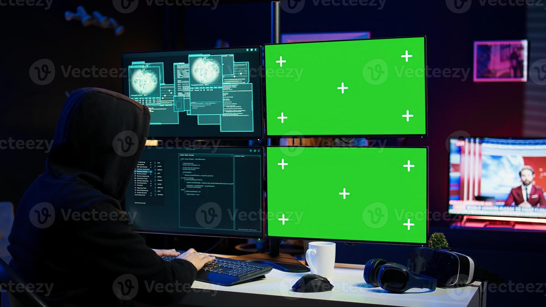 Cybercriminal using isolated screen PC in apartment hideout getting hacking attacks rejected by security. Hacker using chroma key computer monitor seeing access denied error message, camera B photo