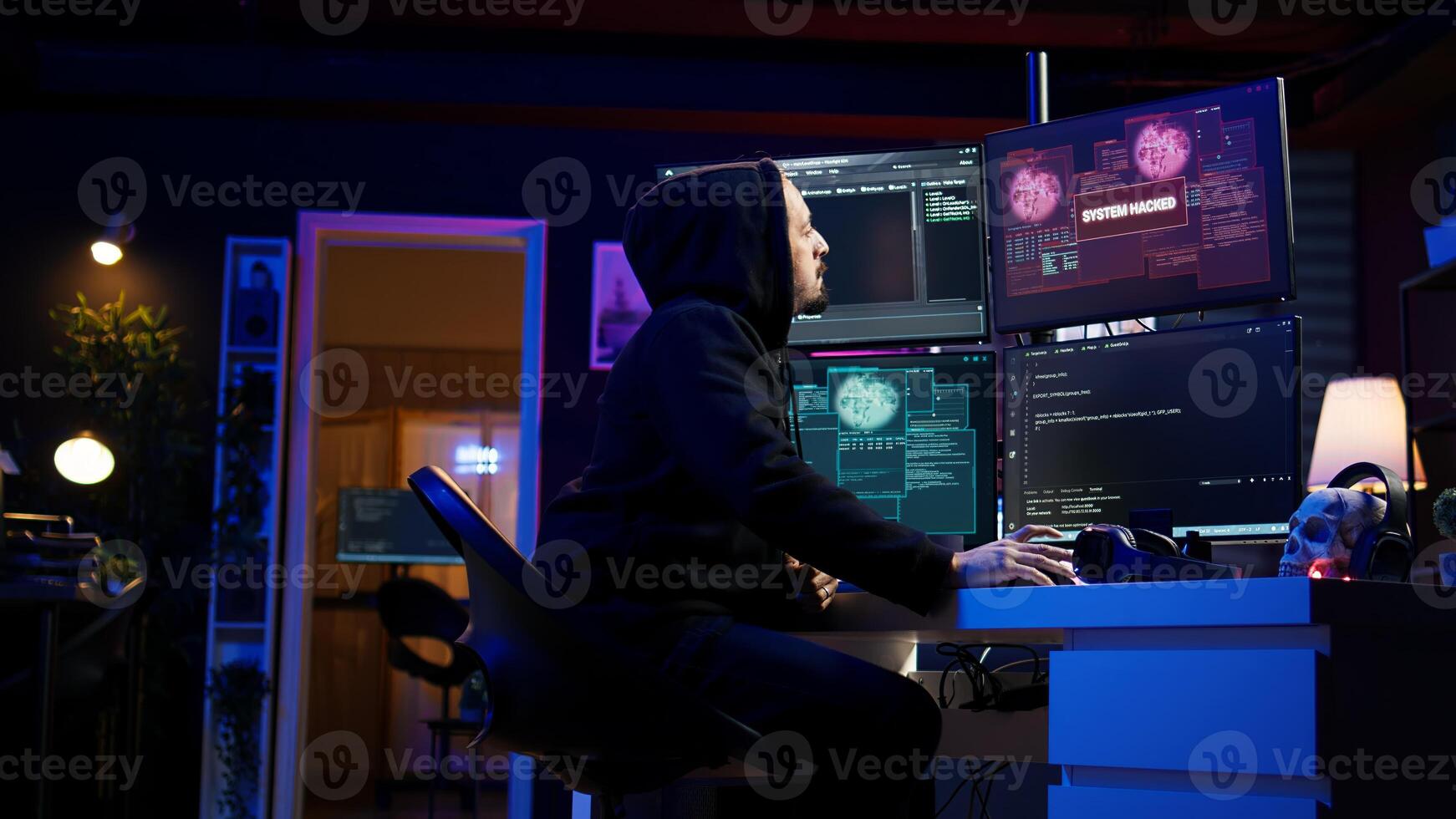 Cheerful hacker in apartment doing energic celebration after managing to steal sensitive data. Scammer happy after obtaining sensitive information from users using malware, camera B photo