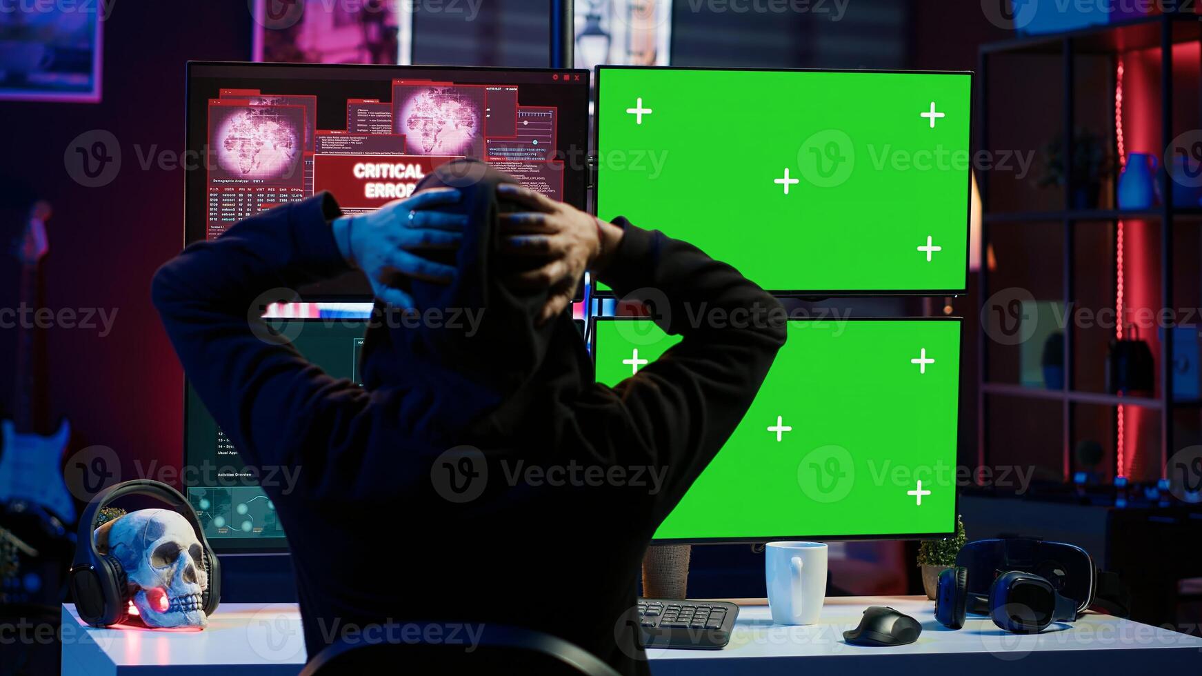Cybercriminal using isolated screen PC in apartment hideout getting hacking attacks rejected by security. Hacker using chroma key computer monitor seeing access denied error message, camera A photo