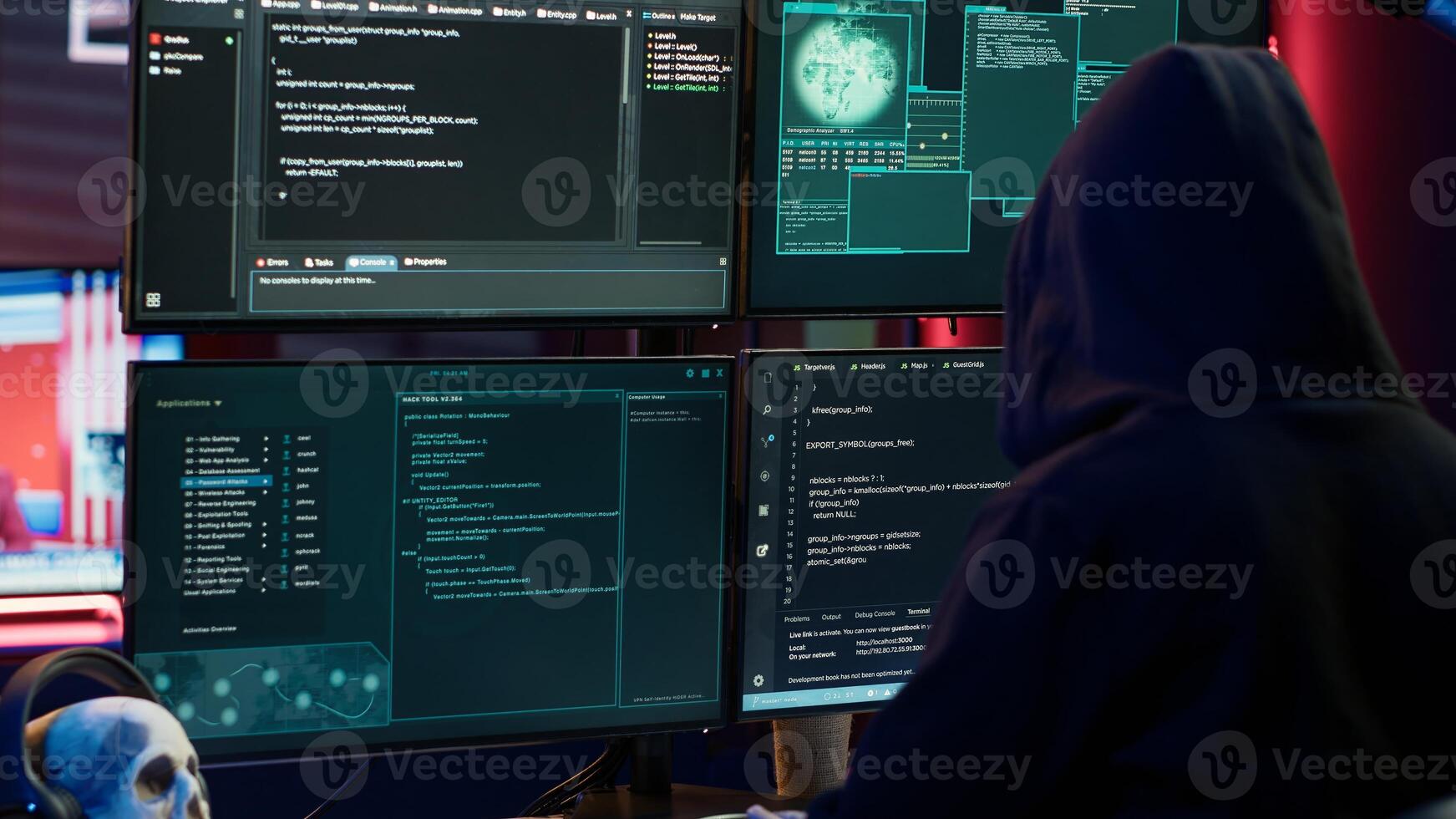 Lone wolf hacker in secret hideout trying to hide online activity after stealing data. Cybercriminal attacking victims PCs using computer virus, trying to avoid being detected, camera A photo