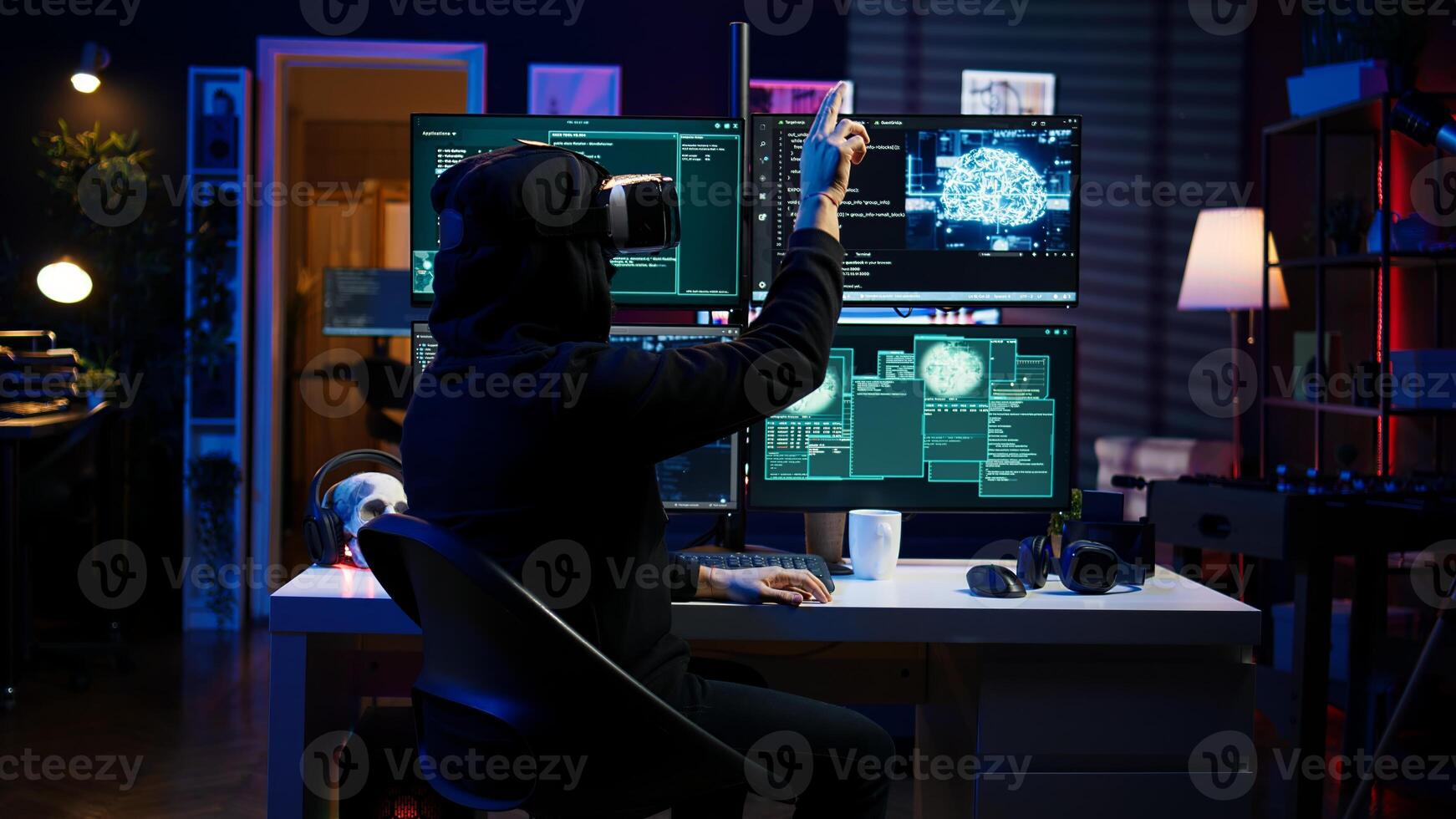 Hacker using virtual reality headset to code malware exploiting network backdoors, bypassing security measures such as logins and password protections using futuristic VR goggles tech, camera B photo