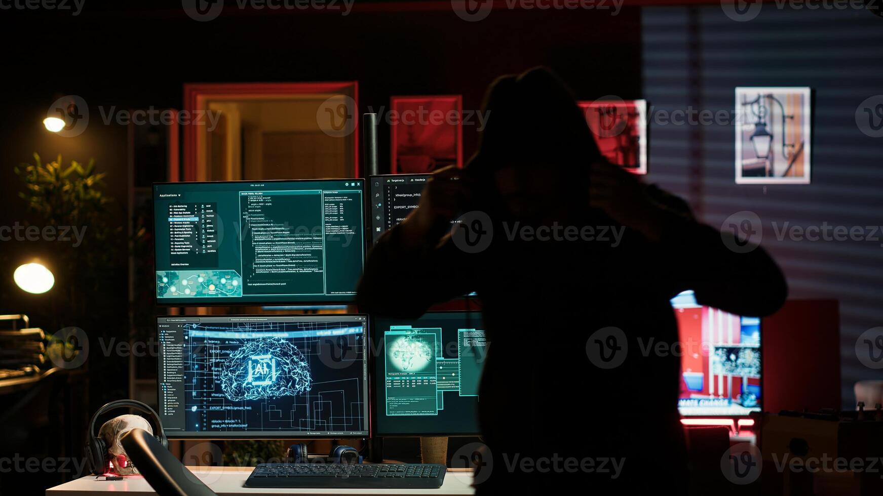 Hackers found by cybercriminal law enforcement escaping with stolen data on SSD after failing to conceal online identity. Criminal in hideout running from police after hacking into servers, camera A photo