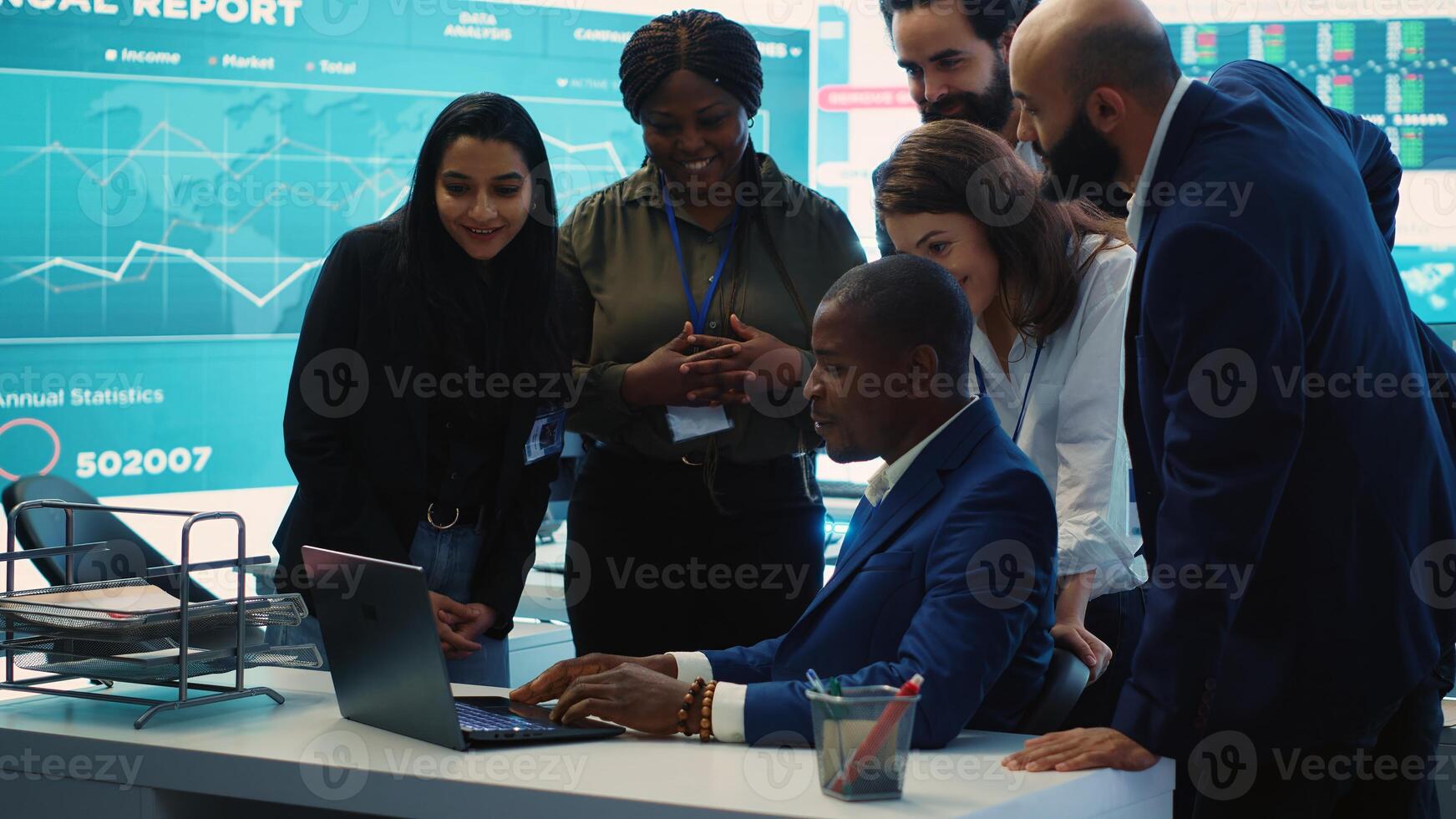 Diverse business employees group celebrate a successful outcome, obtaining more expansion funds and sharing a high five with all the staff members. Pleased workers enjoying success. Camera A. photo